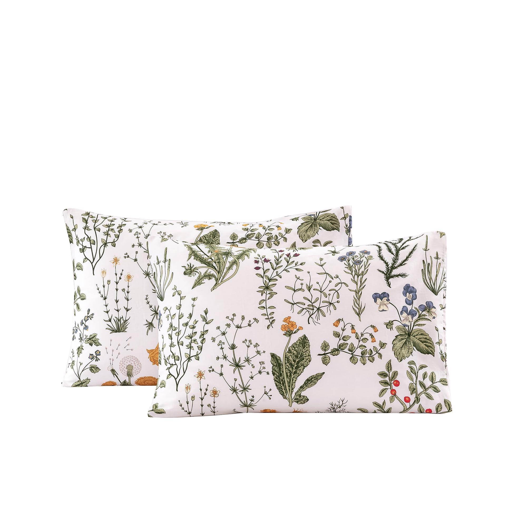 ECOCOTT 2 Pack Pillowcase Queen Size with Green Botanical Floral Leaves Pillow Cases Set, 100% Cotton Queen Pillow Covers Envelope Closure (Queen, 20"x30")