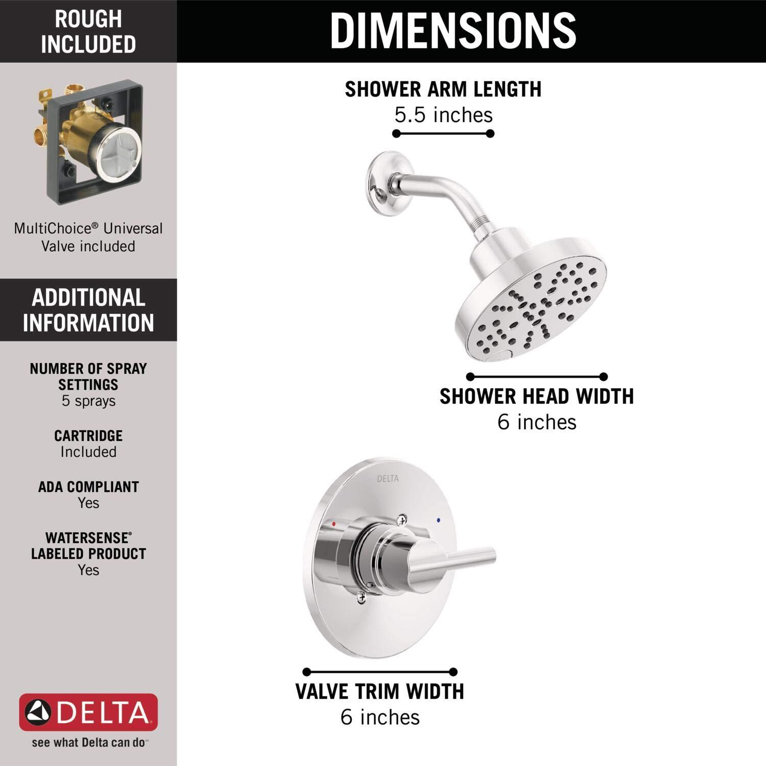 Delta Nicoli 14 Series H2Okinetic Shower Faucet Set, Chrome Shower Head and Handle Set, Valve Trim Kit, Chrome 142749 (Valve Included) - Image 4