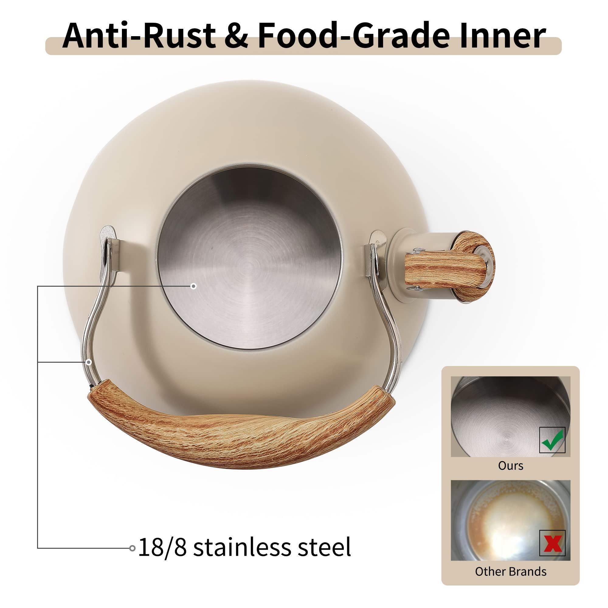 LONFFERY Tea Kettle for Stove Top, 2.5 Quart Whistling Tea Kettle, with Food Grade Stainless Steel and Wood Pattern Folding Handle, Creamy White - Image 6