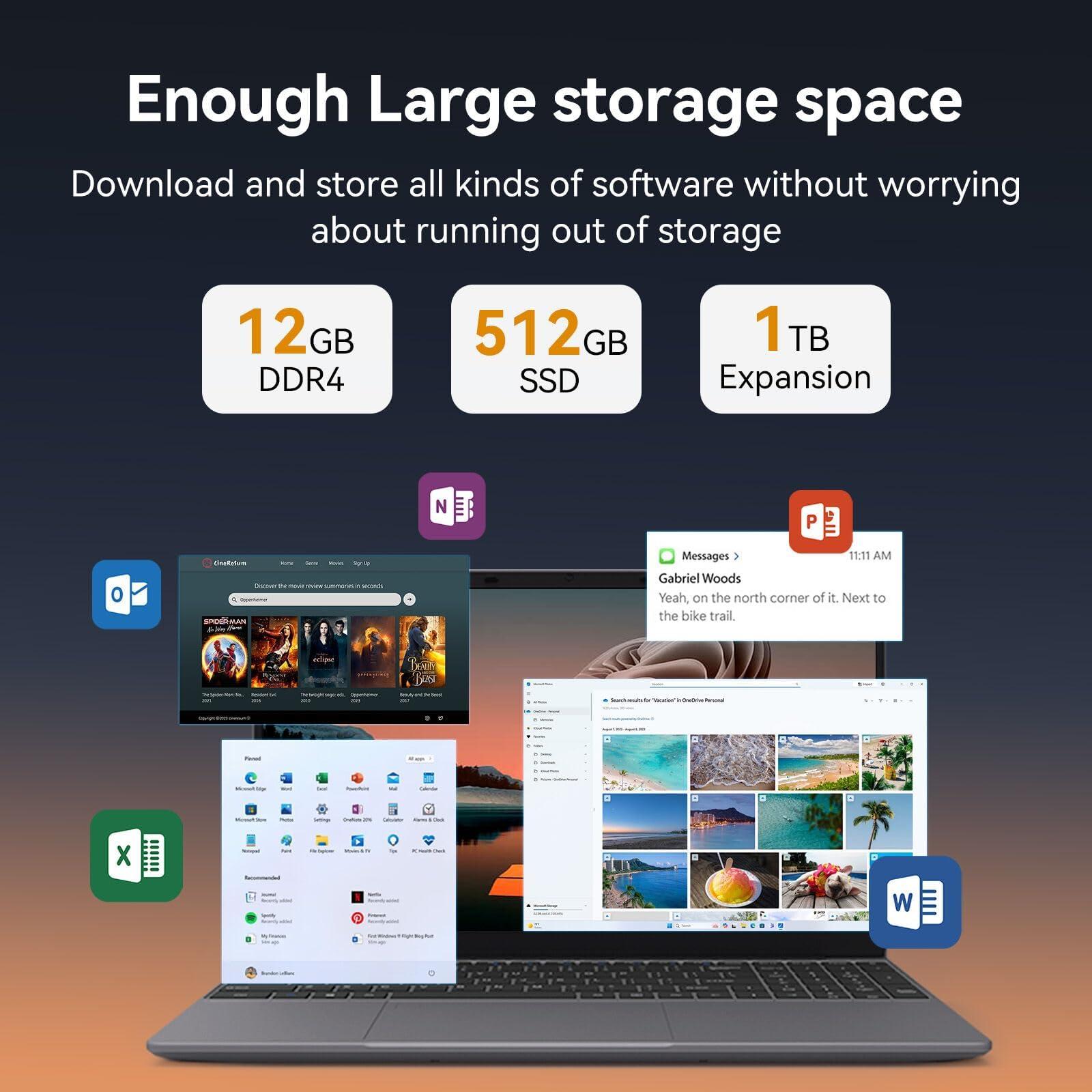 Laptop Computer 15.6'' HD Display, Intel UHD Graphics, Intel Celeron N5095 4-Core Processor, 12GB RAM, 512GB SSD up to Expandable 1TB, WiFi, 180°Open Angle, Windows 11 Laptop, Gray - Image 2