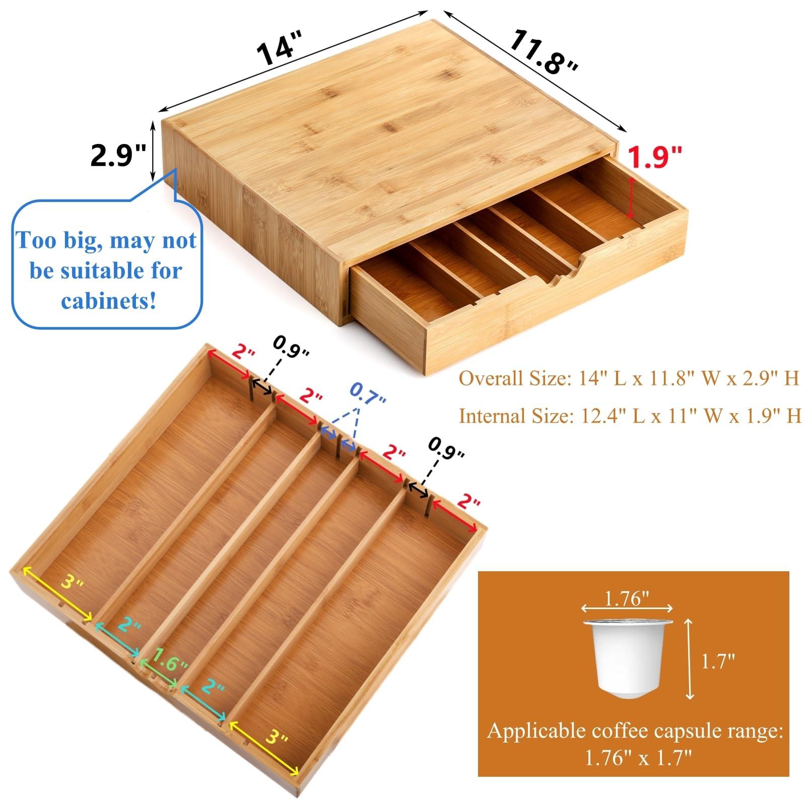 Peohud Bamboo Coffee Pod Drawer, Espresso Coffee Capsule Holder with 5 Adjustable Compartment, Tea Bag Storage Organizer for Kitchen Counter Office - Image 3