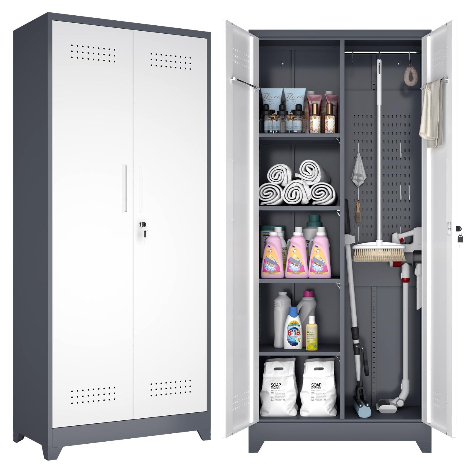 GREATMEET 72.8" H Utility Closet, Broom Closet Storage Cabinet with Adjustable Shelves and Pegboard, Utility Cabinet for Brooms and Mops, Grey-White
