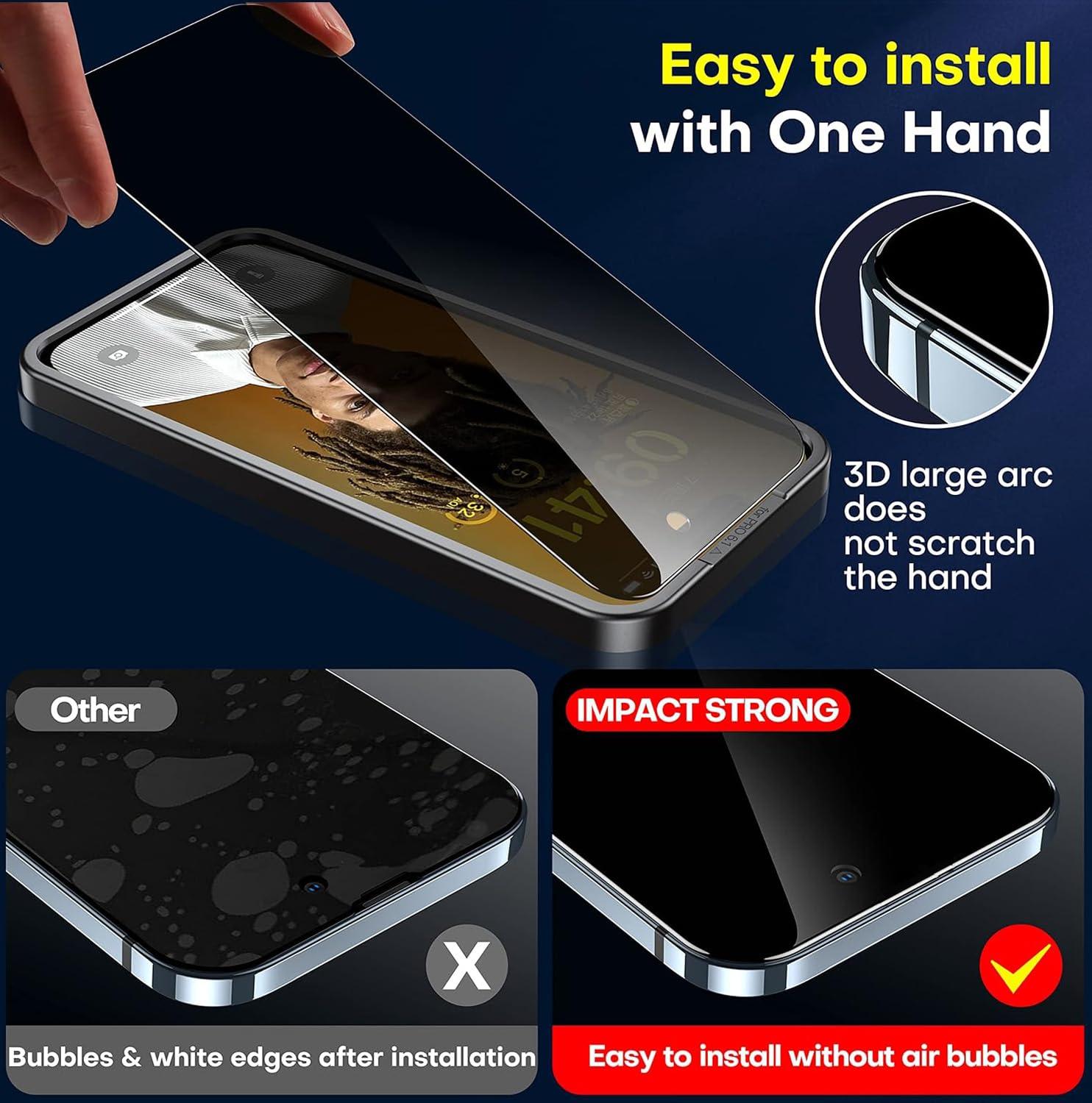 ImpactStrong Privacy Glass Screen Protector for iPhone 15 Pro [6.1 Inch] Anti-Scratch Tempered Glass Screen Protectors with [Easy Install Kit] [9H Hardness], Case Friendly - 2 Pack - Image 2