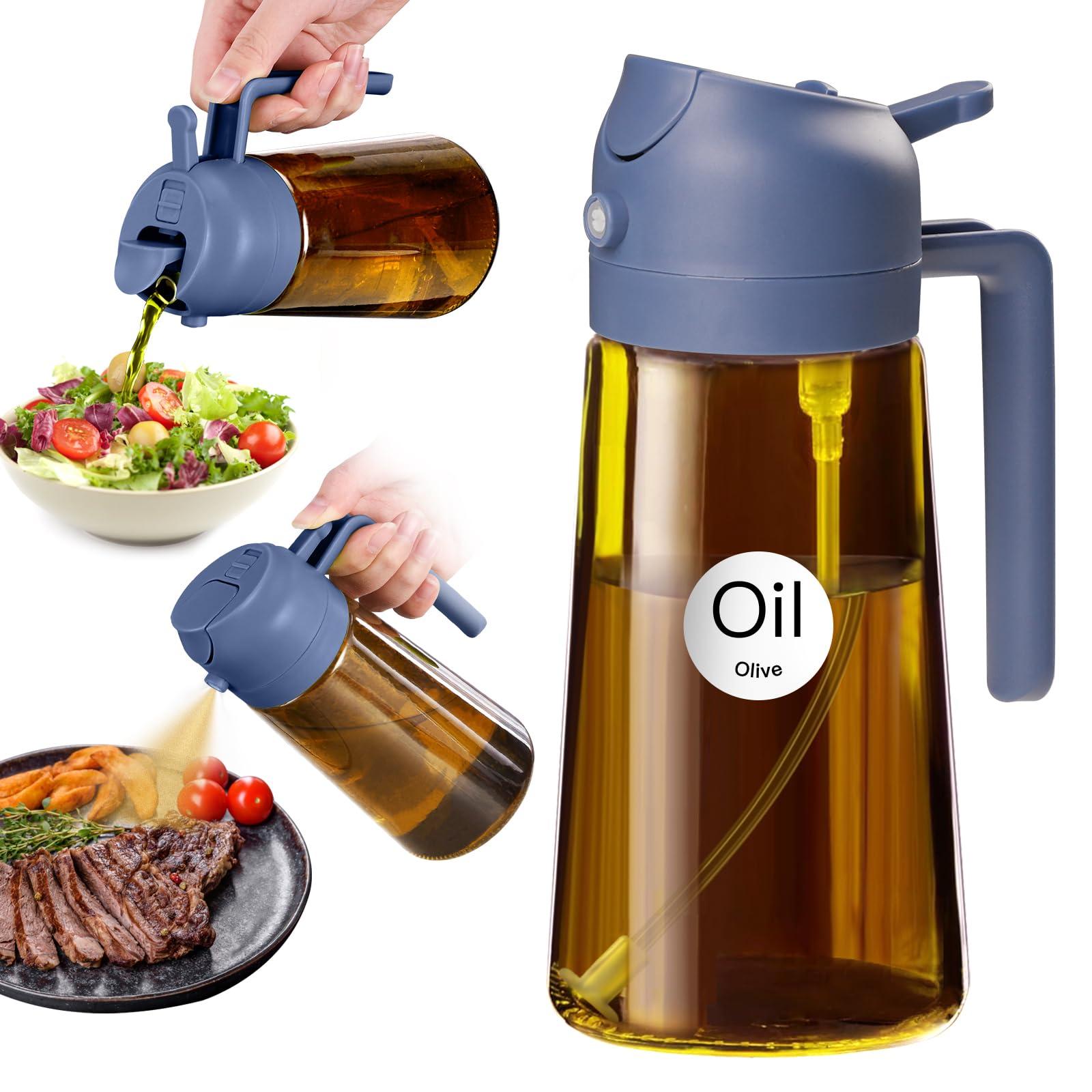 YARRAMATE 16oz/470ml Dark Brown Oil Sprayer for Cooking with Stickers, Food-grade Premium 2 in 1 Olive Oil Dispenser Bottle for Kitchen Gadgets, Air Fryer, Salad, Frying, BBQ (Navy)