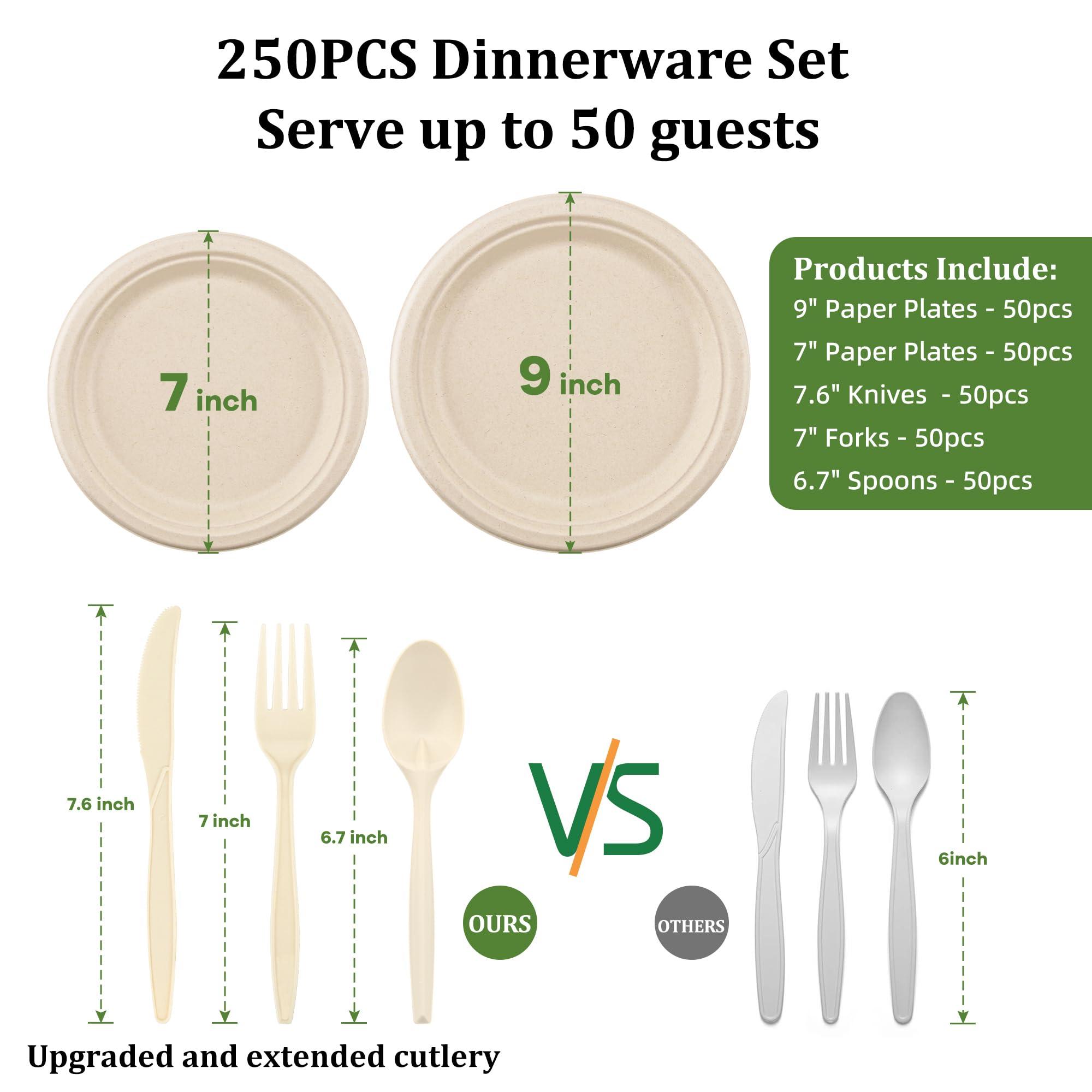 FEHHTO Compostable Paper Plates Set, 250PCS Disposable Heavy-Duty Sugarcane Plate and Eco-Friendly Utensil Biodegradable Dinnerware Plates, Extra Long Forks & Knives & Spoons for Party - Image 2