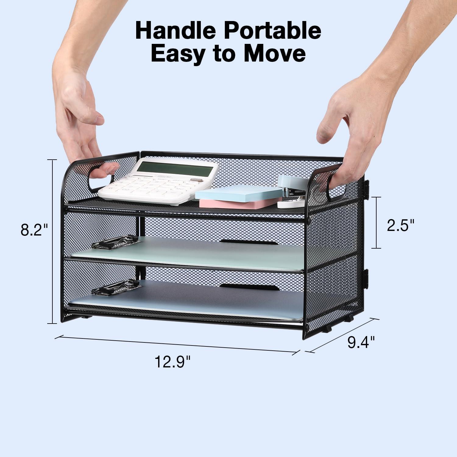 NCXTKJ 3-Tier Letter Tray Paper Organizer with Handle, Compact Mesh Desk File Organizer for Home Office Supplies Desktop Accessories,Black - Image 3