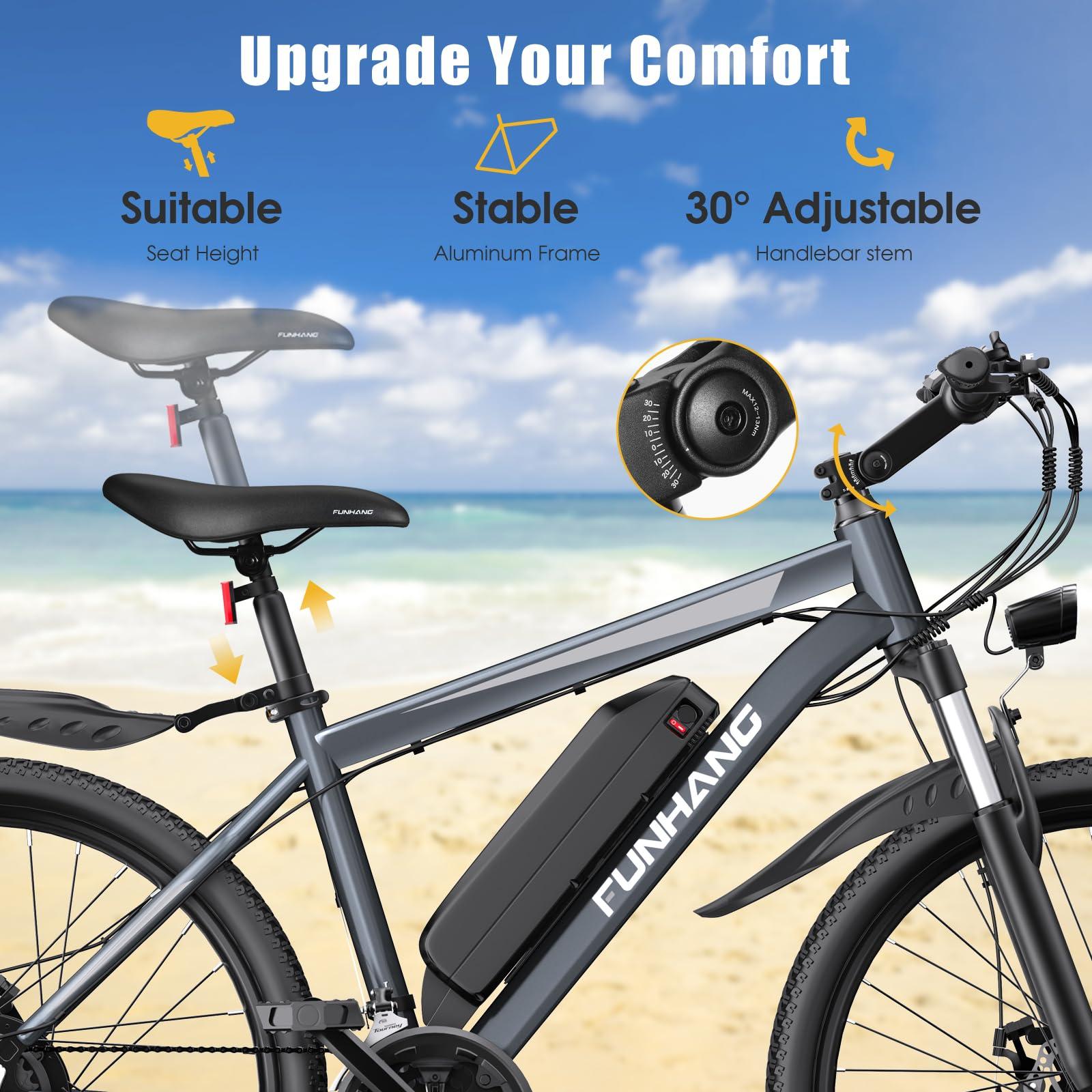 Funhang Electric Bike for Adults, Peak 1000W Ebike, 50Miles 21.7MPH Adult Electric Bicycles, 26" Electric Mountain Bike 48V 374.4WH Battery, Commuter E Bike with Adjustable Stem, Fenders, 21 Speed - Image 4