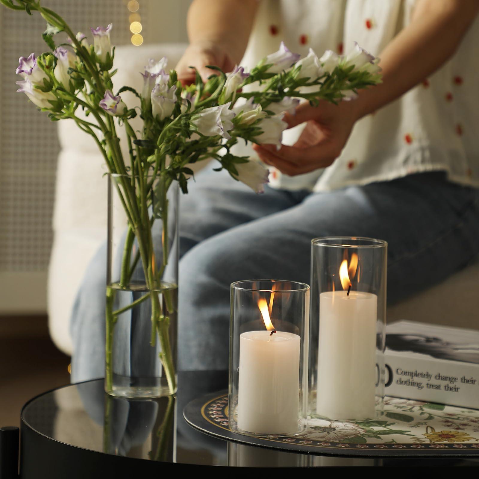 UDU Set of 12 White Pillar Candles and 12 Glass Cylinder Vases Hurricane Holders, Slim Pillar Candle Holder, Cylinder Vases for Centerpieces Wedding Table Party Home Decor(2.6" X 4.7", 5.9", 7.9") - Image 8