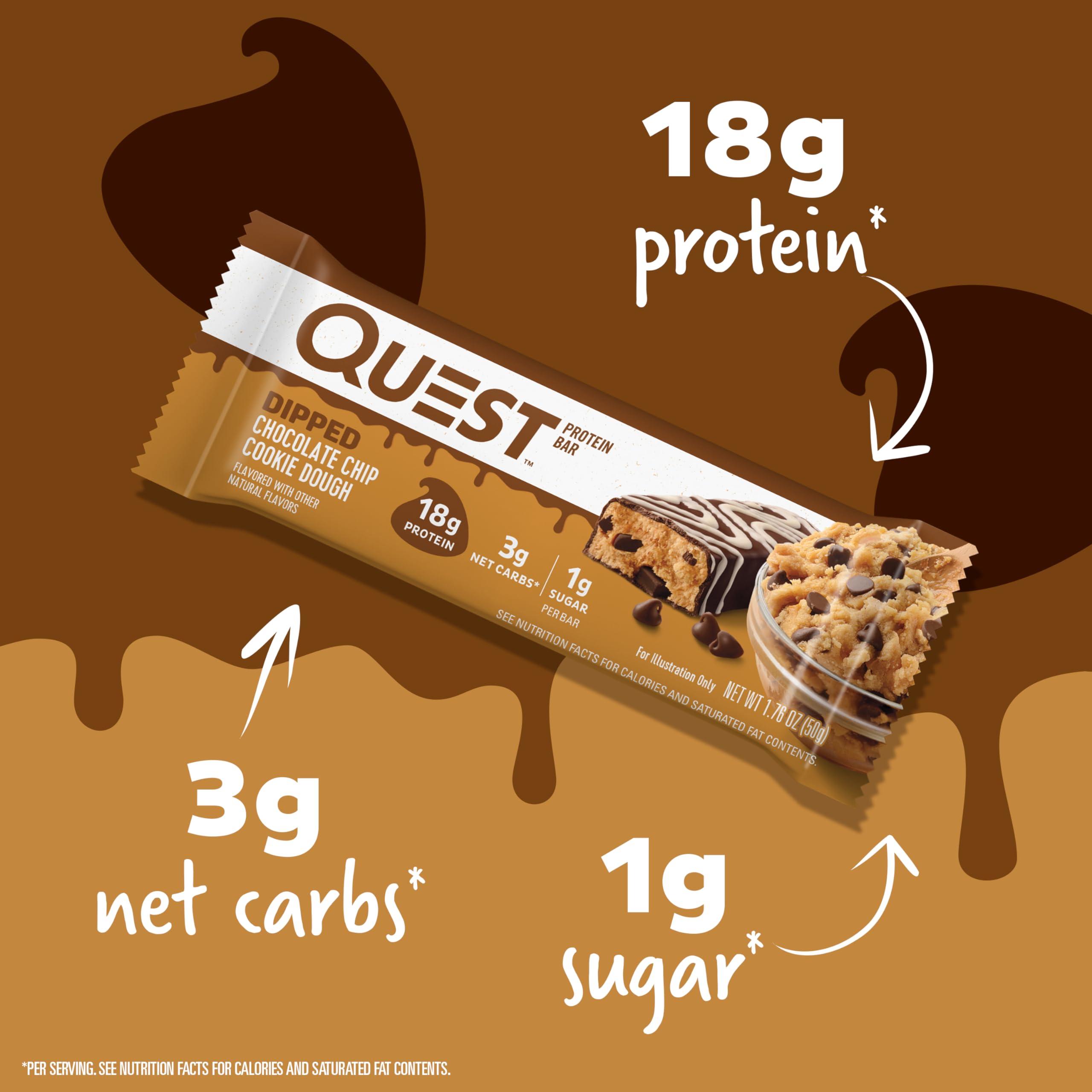 Quest Nutrition Dipped Chocolate Chip Cookie Dough Protein Bars, 18g Protein, 3g Net Carbs, Gluten Free, 1.76 Oz, 12 Count - Image 2