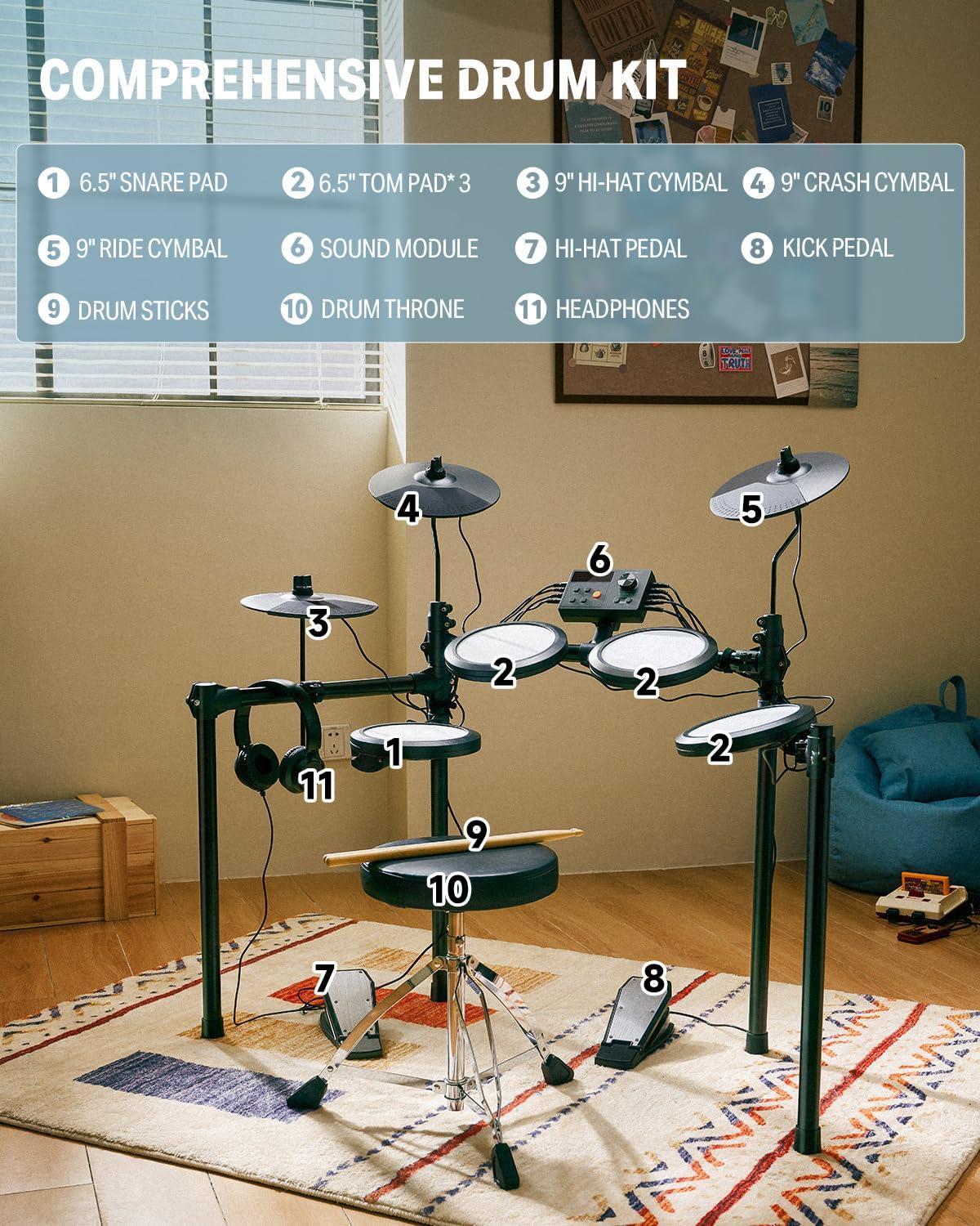 Donner Electric Drum Set, DED-70 Electronic Drum Kit for Beginner with 150 Sounds, 4 Quiet Mesh Pads, 9" Cymbals, USB MIDI, Type-C Charging, 2 Pedal, Throne, Headphones, Sticks, Melodics Lessons - Image 5