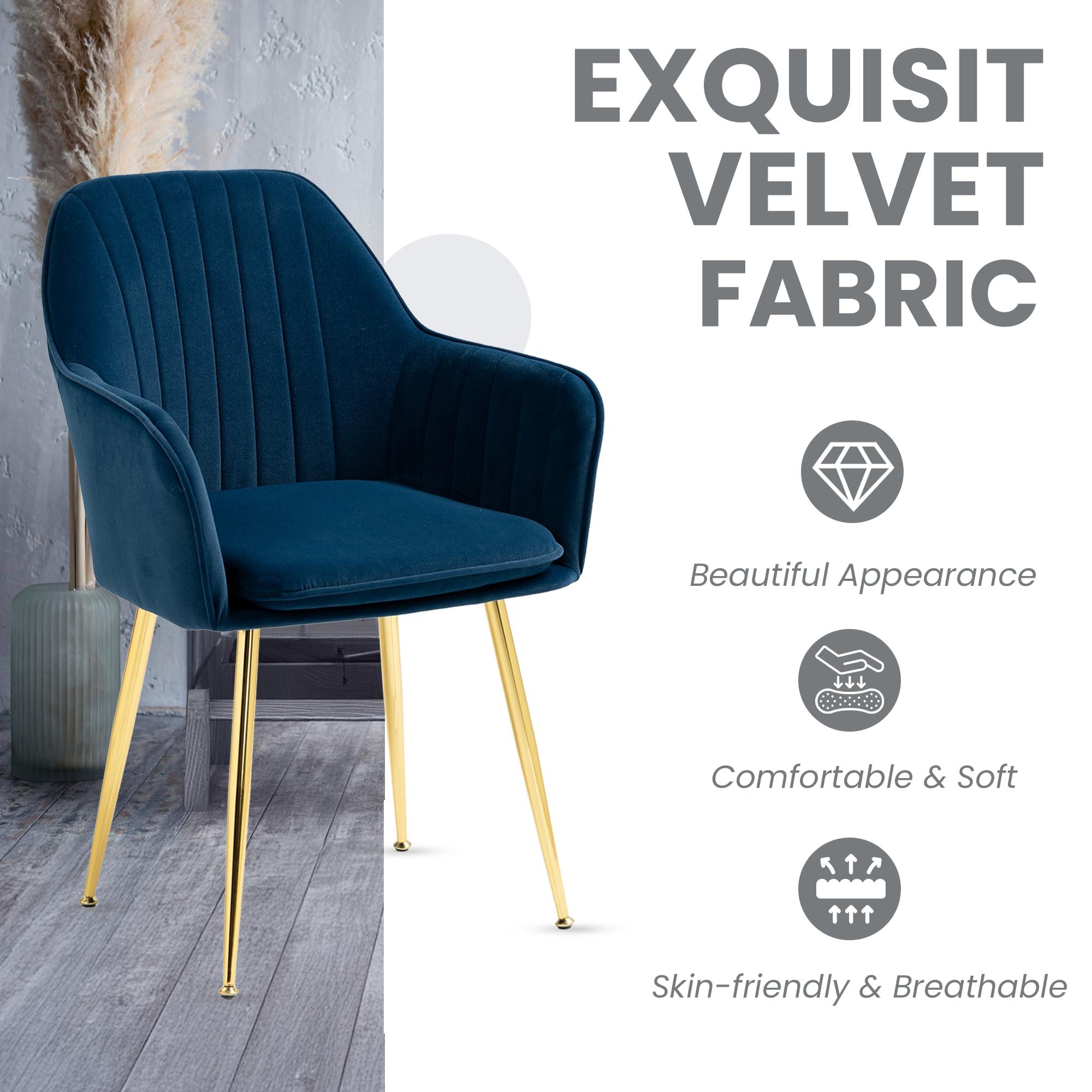 ECOTOUGE Matte Velvet Dining Chairs Set of 4, Modern Arm Chair with Golden Metal Legs, Living Room Accent Chairs for Kitchen, Blue - Image 5