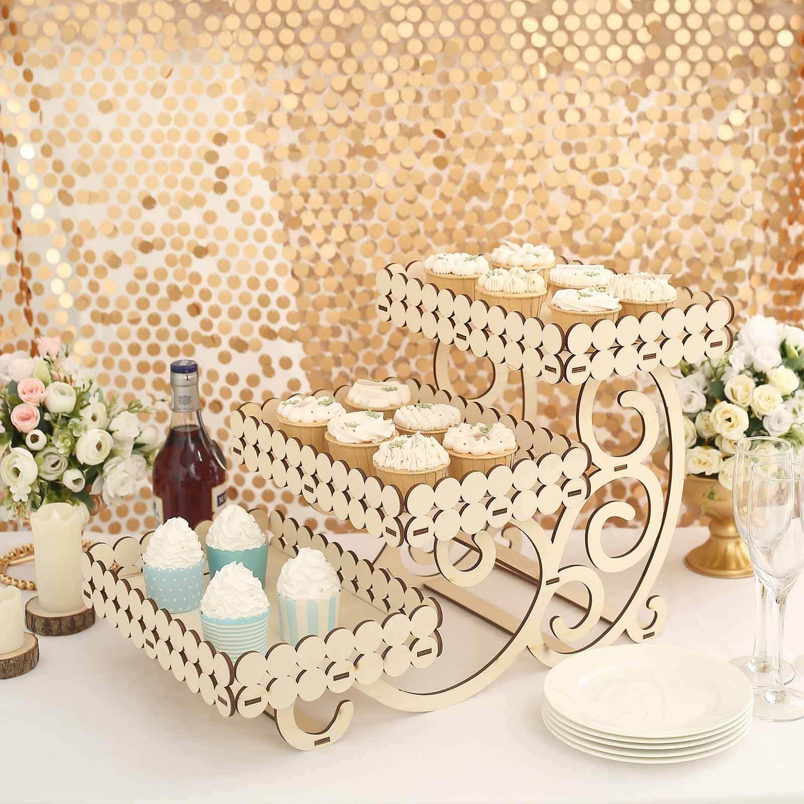 Efavormart 3-Tier 22" Natural Wooden Laser Cutout Dessert Serving Platter Display, Rectangular Cupcake Stand Mini Cake Tray - Image 6