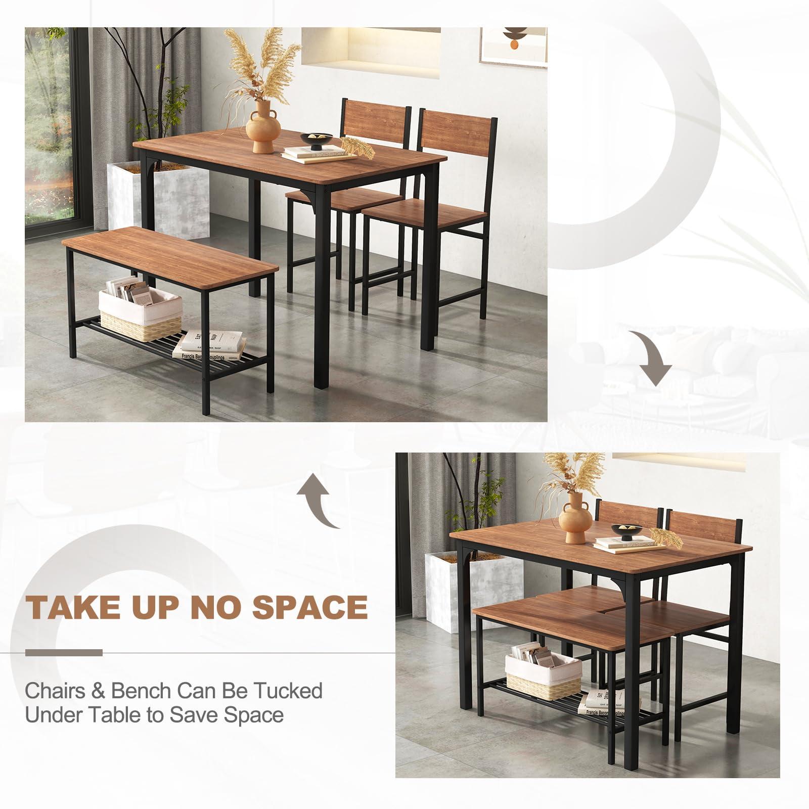 Giantex Dining Table Set for 4, 43" Kitchen Table and Chairs, Dining Bench with Metal Frame & Storage Rack, 4-Piece Modern Functional Desk Set for Dinette, Small Space, Apartment, Restaurant, Brown - Image 7