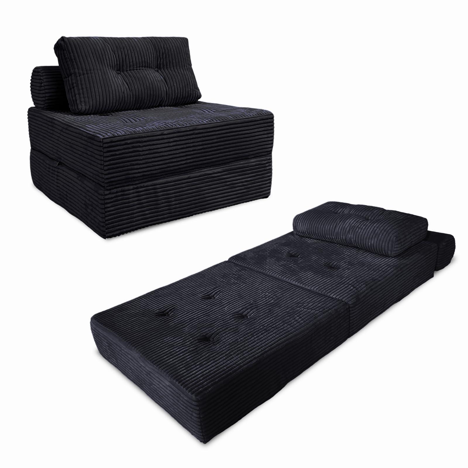 Nigoone Sofa Bed Futon, Versatile Foldable Sleeper Chair with Pillow, Supportive Memory Foam, Plush Corduroy Fabric, Cozy Floor Couch, Convertible Mattress for Bedroom/Living Room/Guest/Office, Black - Image 7