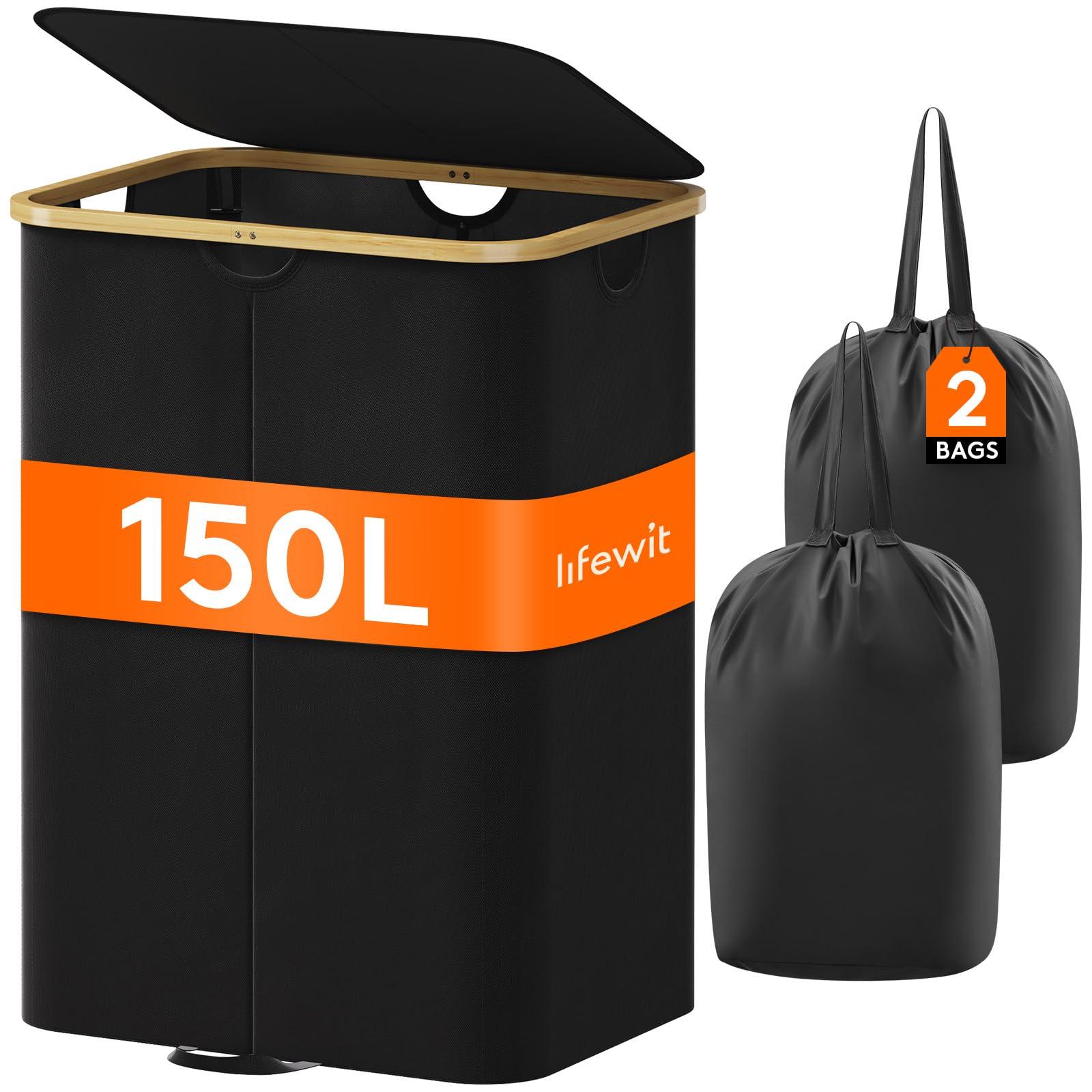 Lifewit 150L Double Laundry Hamper with Lid, Large Laundry Basket with Bamboo Handles and Removable Laundry Bags, Foldable Clothes Hampers for Laundry for Bedroom, Bathroom, Dorm, Laundry Room, Black
