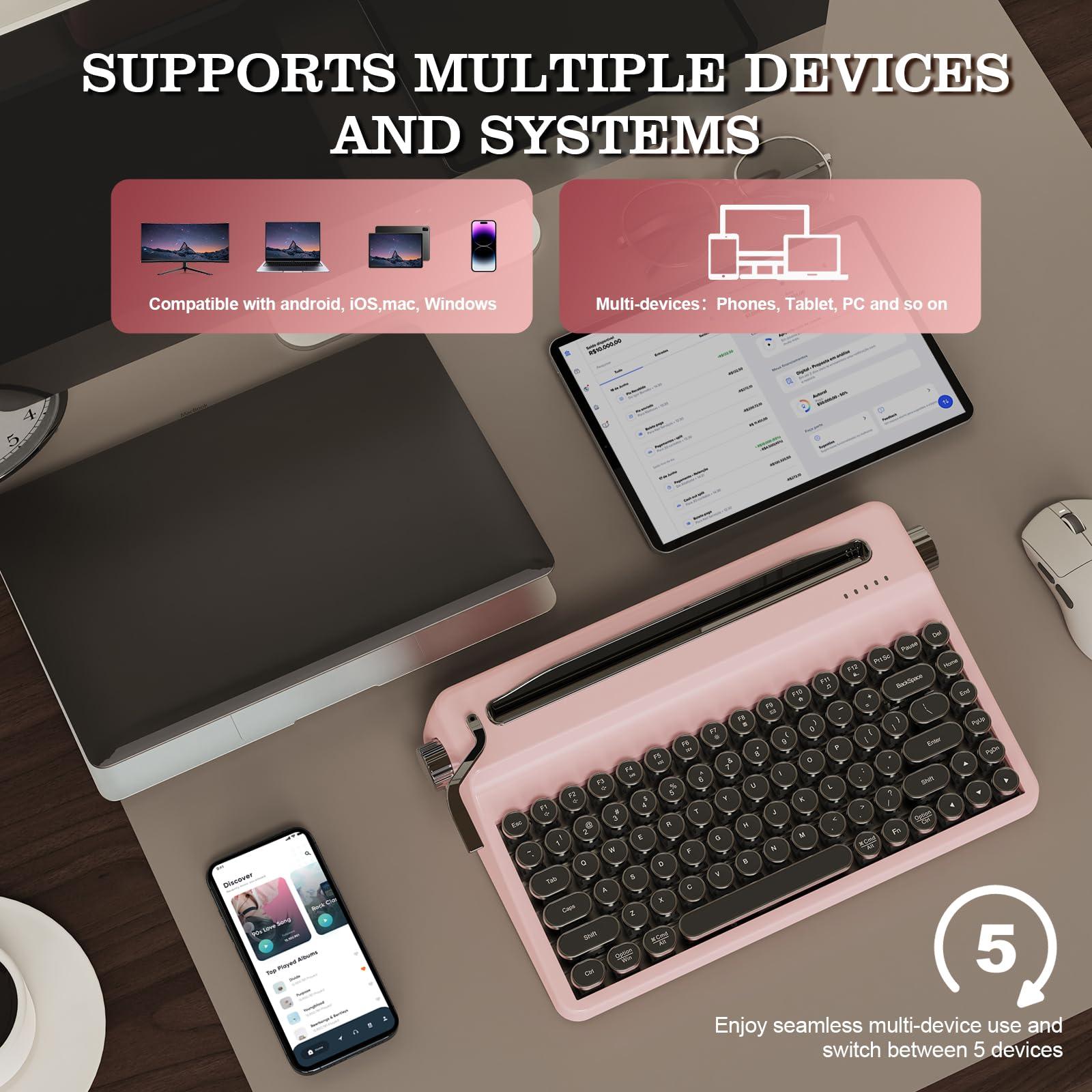 YUNZII QL75 Wireless Typewriter Hot Swap Retro Mechanical Keyboard,Punk Round Keycaps,RGB Backlit QMK/VIA Programmable,Multi-Device Keyboard with 2.4GHz/Type-C/BT5.0 (Pink, Cocoa Cream V2 Switch) - Image 8