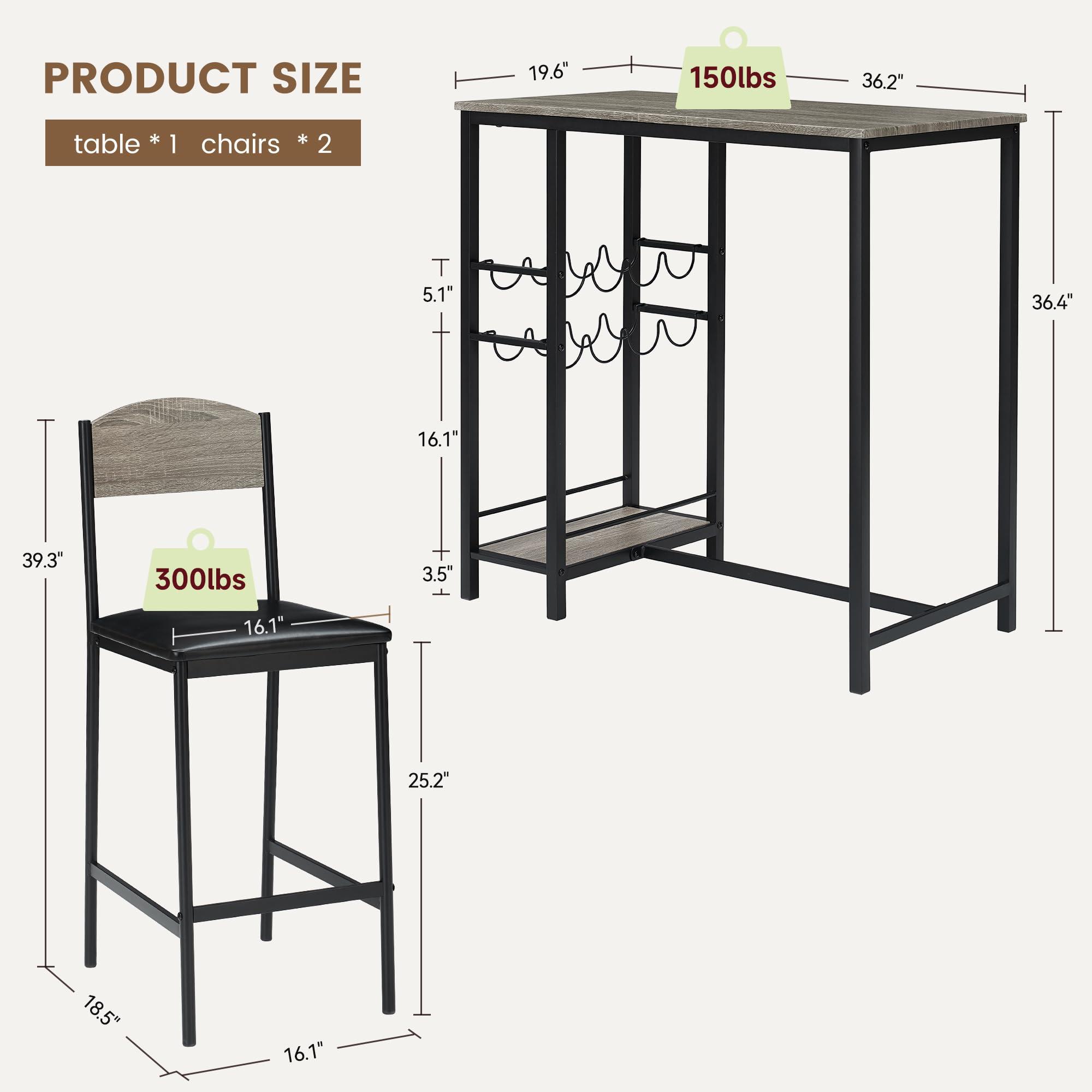 GarveeHome Dining Table Set for 2, Small Kitchen Room Table Set for 2 with Storage Shelf and Wine Rack, Space Saving Bar Table and Chairs Set of 2, Metal Frame and Pu Cushion, Gray - Image 2
