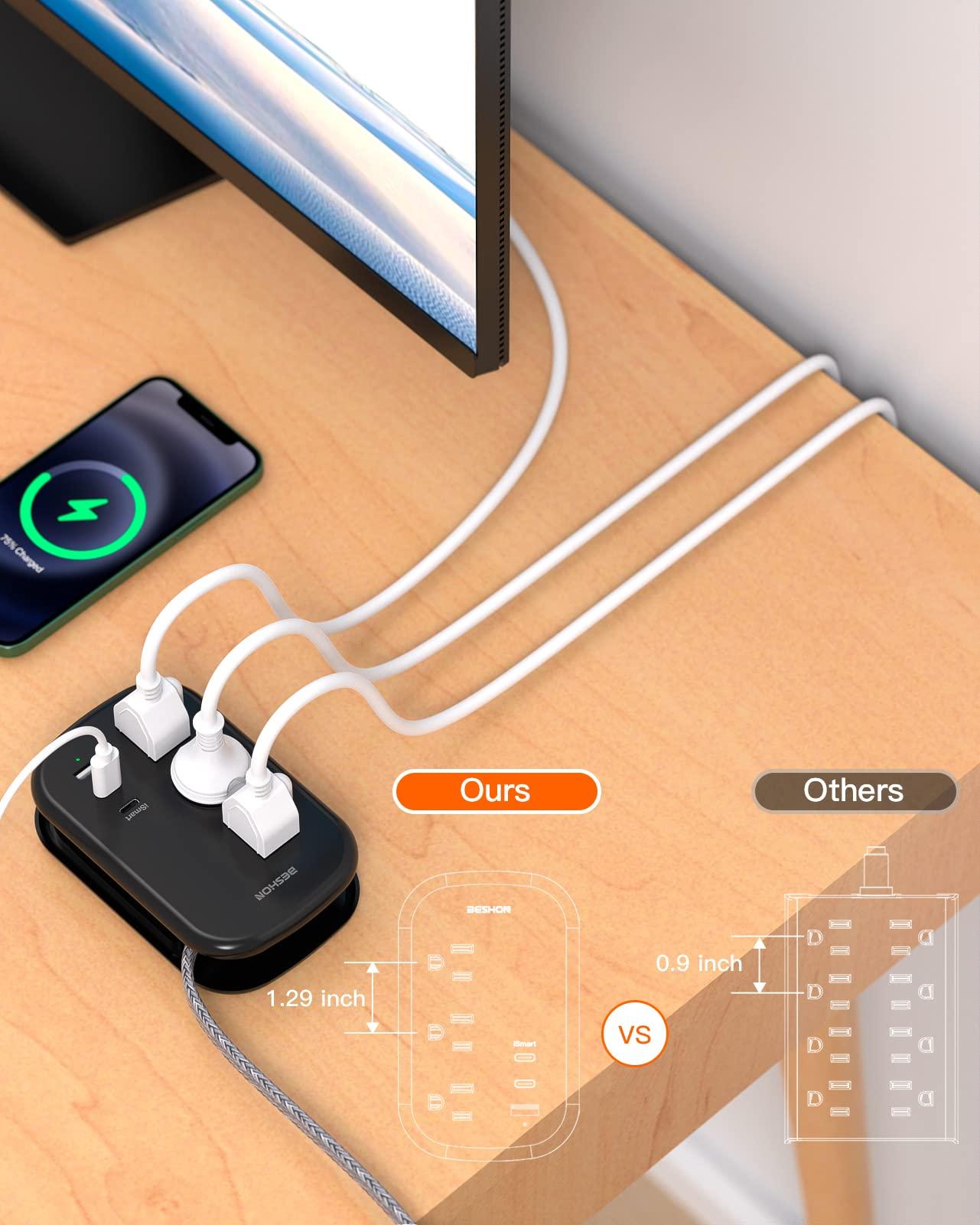 USB C Travel Power Strip, BESHON Ultra Flat Extension Cord, Flat Plug Power Strip, 3 Outlets with 3 USB Ports(2 USB C), 3.2ft Wrapped Around Extension Cord for Cruise Ship, Travel Essentials, Black - Image 7