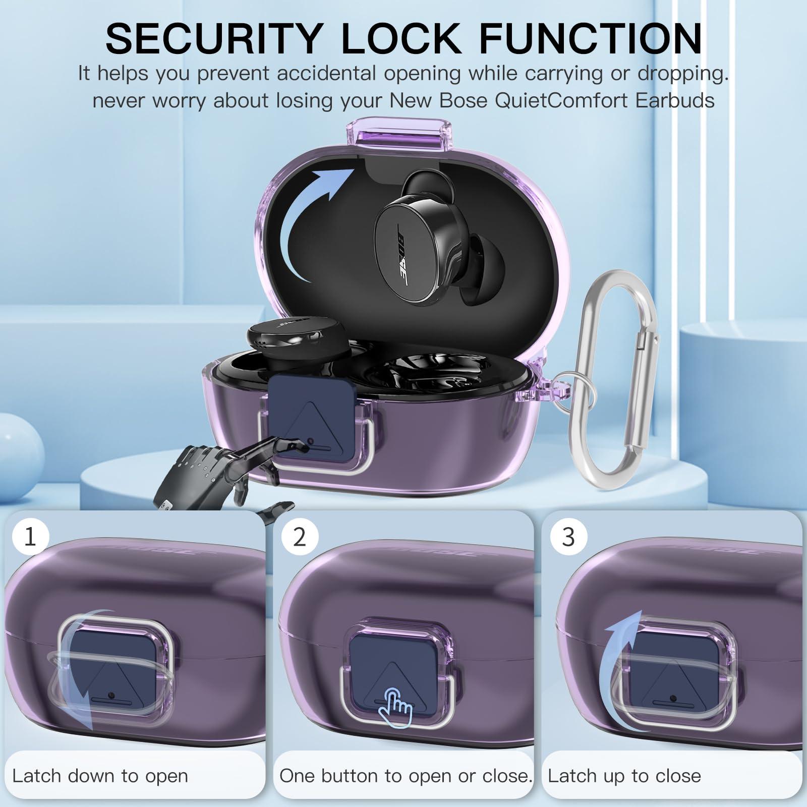 Secure Lock Case for New Bose QuietComfort Earbuds Case(2024), Clear TPU Shockproof Protective Cover for Bose QuietComfort Earbuds 2024 with Cleaning Kit& Keychain&Lanyard (Clear Purple) - Image 2