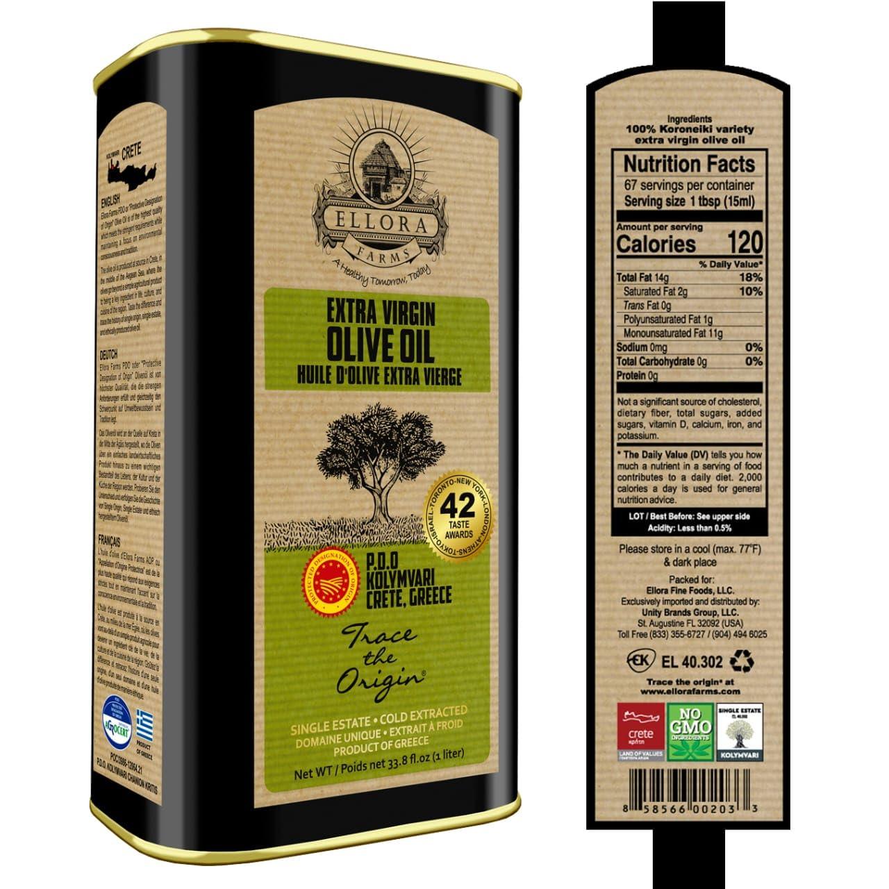 Ellora Farms Olive Oil Extra Virgin, Traceable & Certified PDO Polyphenol Rich Extra Virgin Olive Oil Cold Pressed, Global Gold Awards, Kosher, Single Origin from Crete, Greece 33.8 Fl oz, Pack of 2 - Image 2