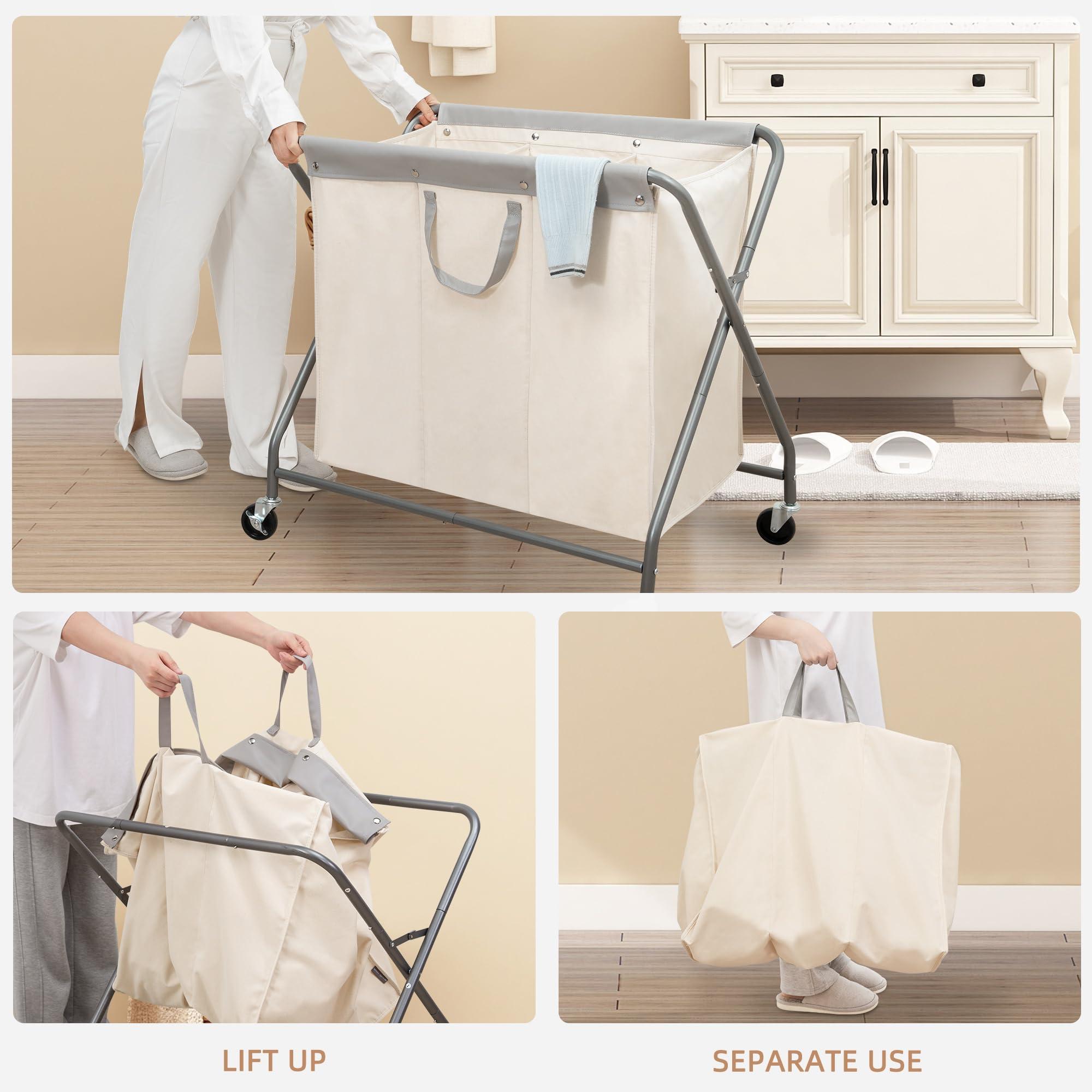 STORAGE MANIAC 160L Collapsible Laundry Hamper with Wheels, Rolling Laundry Basket, Heavy Duty Laundry Sorter with Removable Bag, Folding X Frame Laundry Organizer Cart for Easy to Store, 3 Section - Image 6