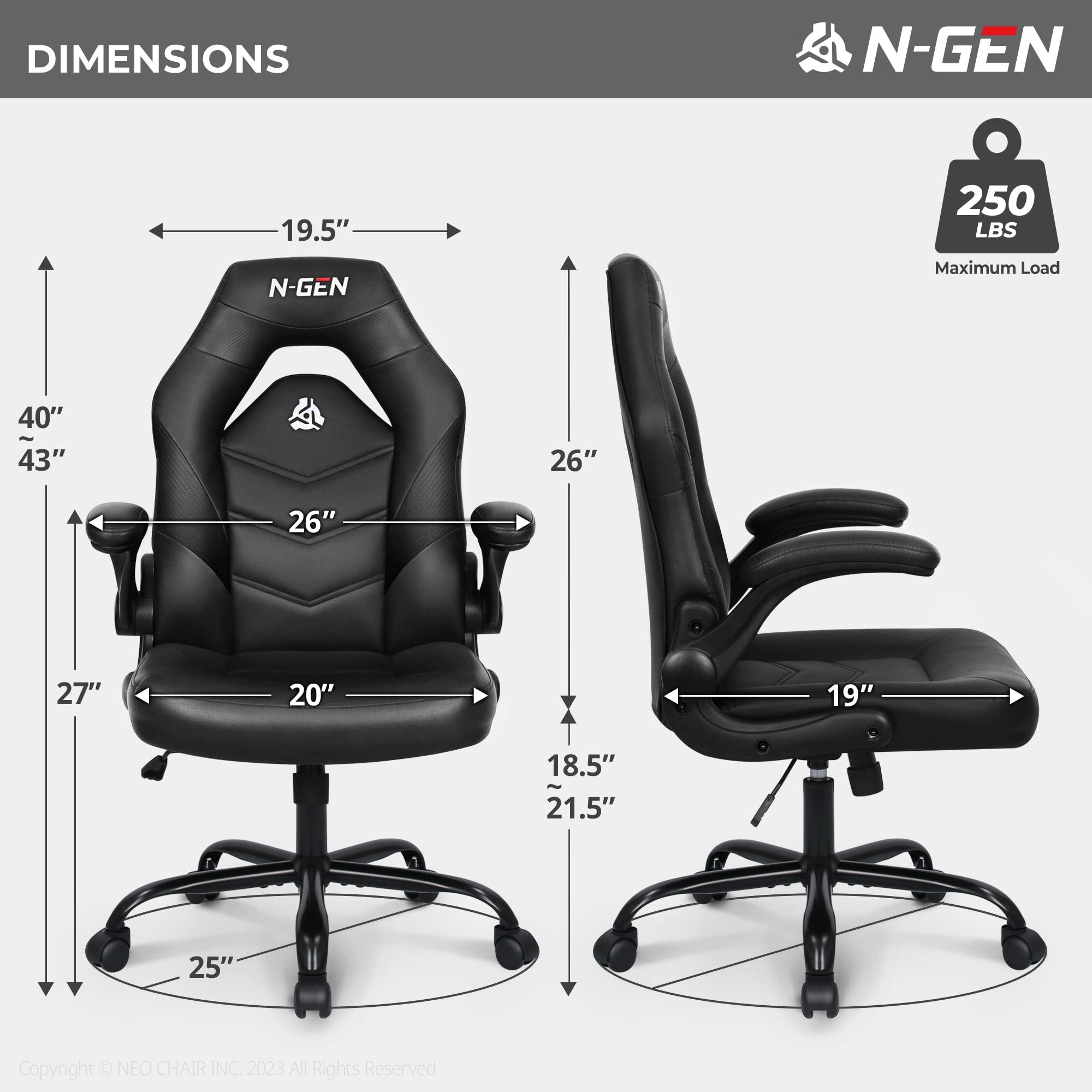 N-GEN Video Gaming Chair Ergonomic Computer Desk Office Chair with Lumbar Support Adjustable Height Swivel Wheels Flip-Up Arms PU Leather Home and Office (Black) - Image 3