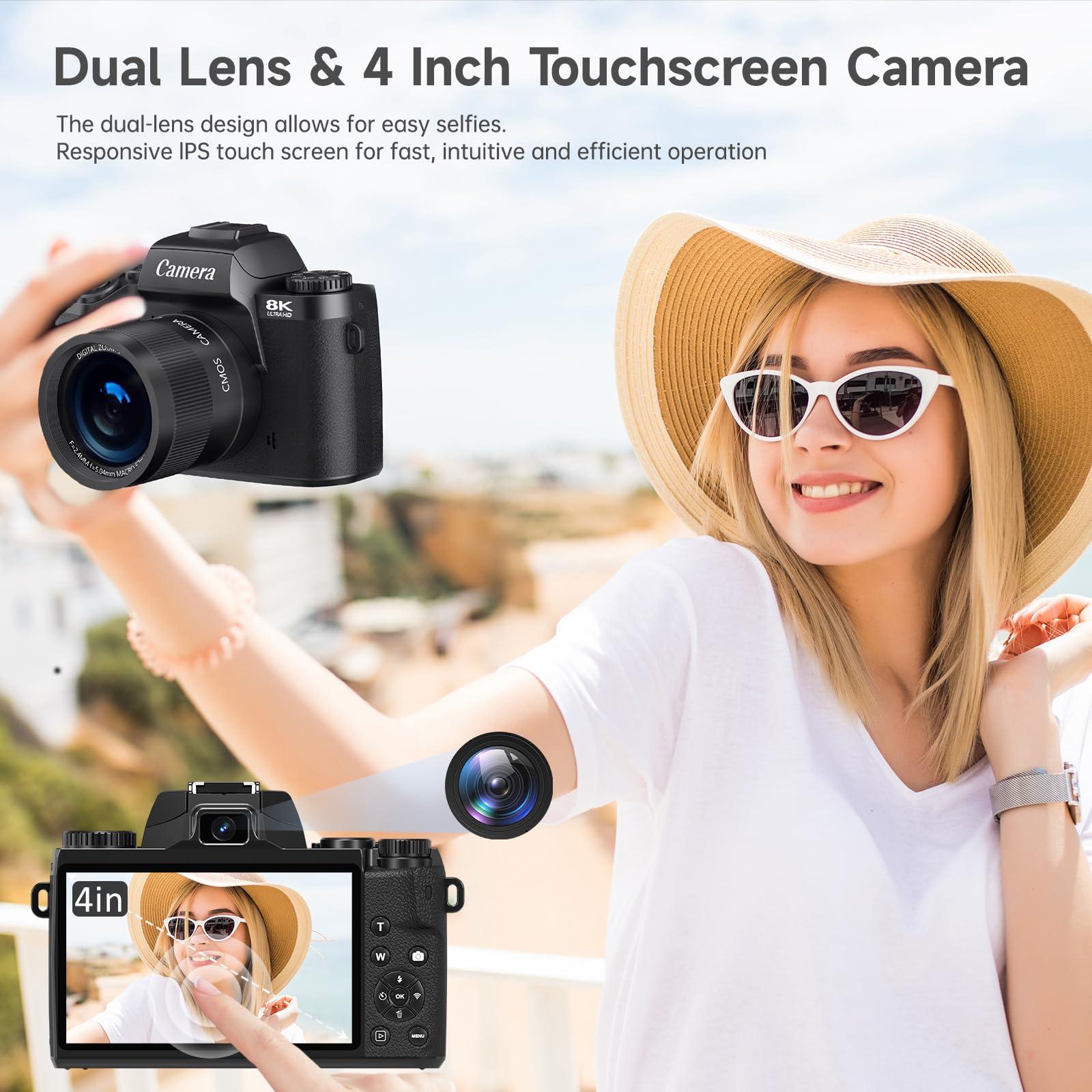 8K Digital Camera for Photography, Vlogging Camera for YouTube with Autofocus, 4 Inch Touchscreen 16X Digital Zoom Video Camera with 3000mAh Battery, Dual-Lens, Lens Hood, 32GB TF Card and Flash,Black - Image 3