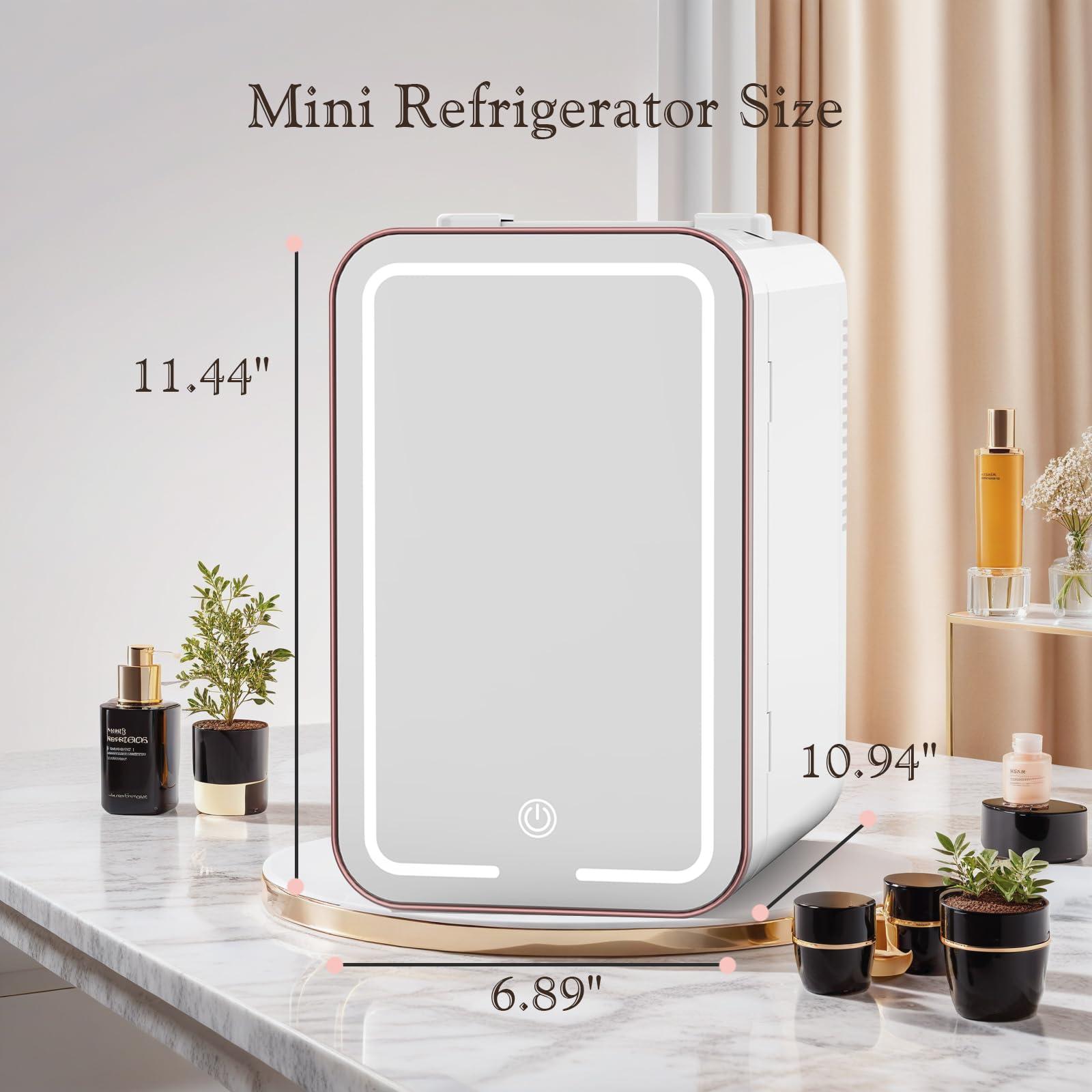 YLFU Skincare Fridge, 6L/10 Can Mini Fridge for Bedroom with Dimmable LED Mirror, Portable Cooler & Warmer Small Compact Refrigerator for Skincare, Cosmetics, Bedroom and Office, White - Image 2