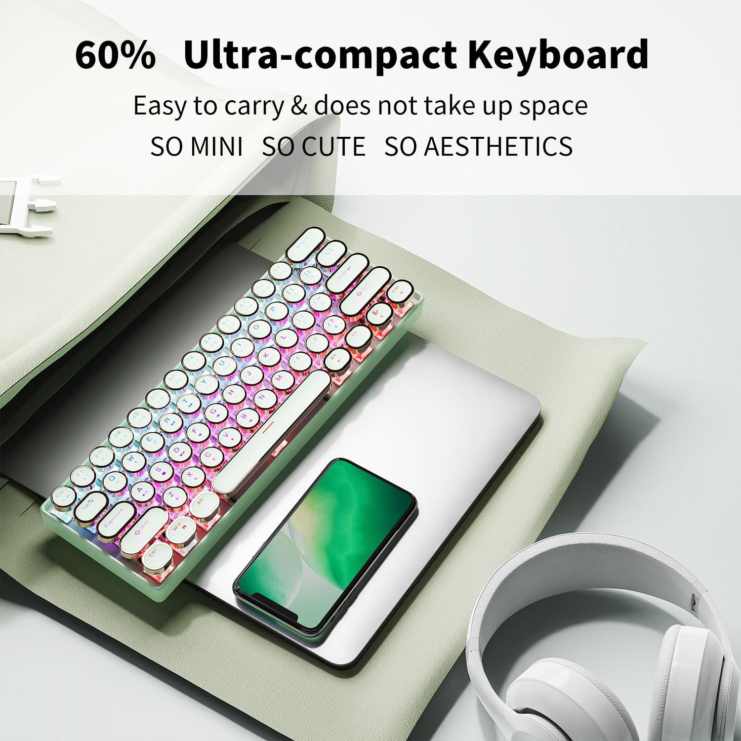 EWEADN G61 Typewriter Keyboard Wireless Mechanical Keyboards, 60% Mini Typewriter Keyboard with Rainbow Backlit, Anti-Ghosting, Red Switch Bluetooth/2.4GHz/USB-C Cute Aesthetic Keyboards-Green - Image 6