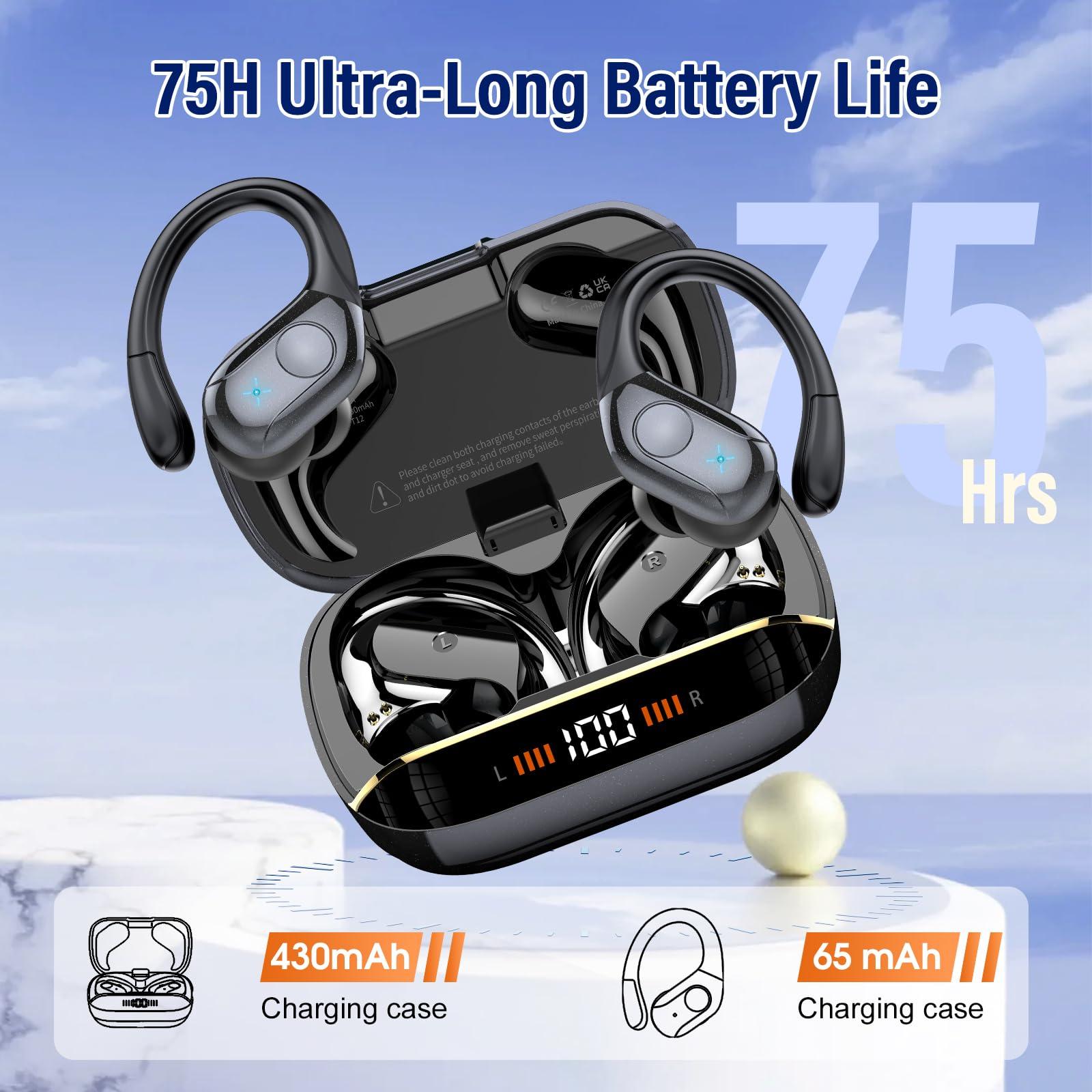 Qecnato Wireless Earbuds Bluetooth 5.4 Headphones Sports, 75H Stereo Deep Bass Over Ear Buds with Earhooks, Bluetooth Earbuds with 4 ENC Mic, LED Display, IP7 Waterproof Earphone for Running, Black - Image 3