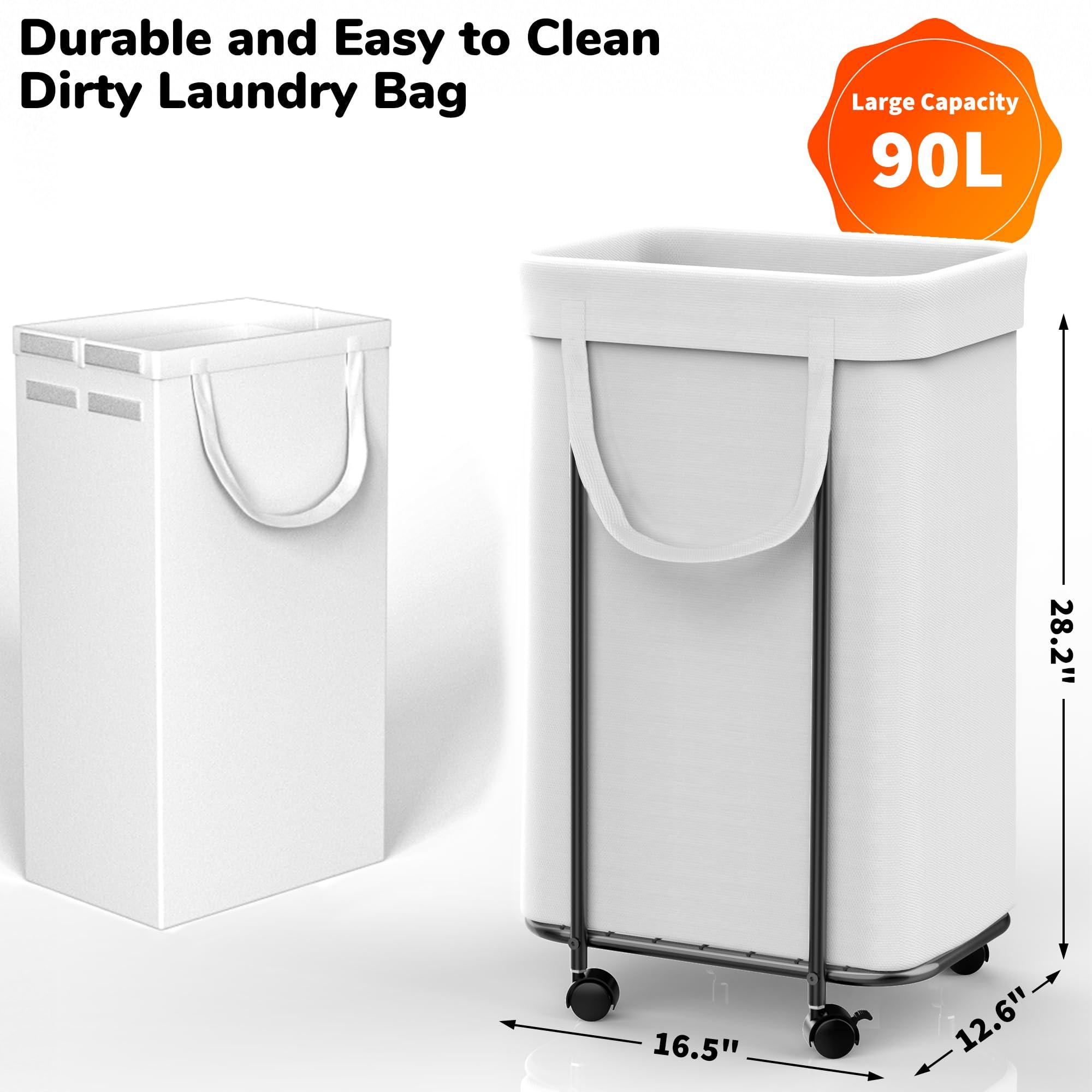 Wheels Laundry Hamper, Laundry Basket Organizer, 90 Litre Small Dirty Clothes Basket with Removable Lined Bag for Bathroom and Bedroom Storage (White) - Image 3