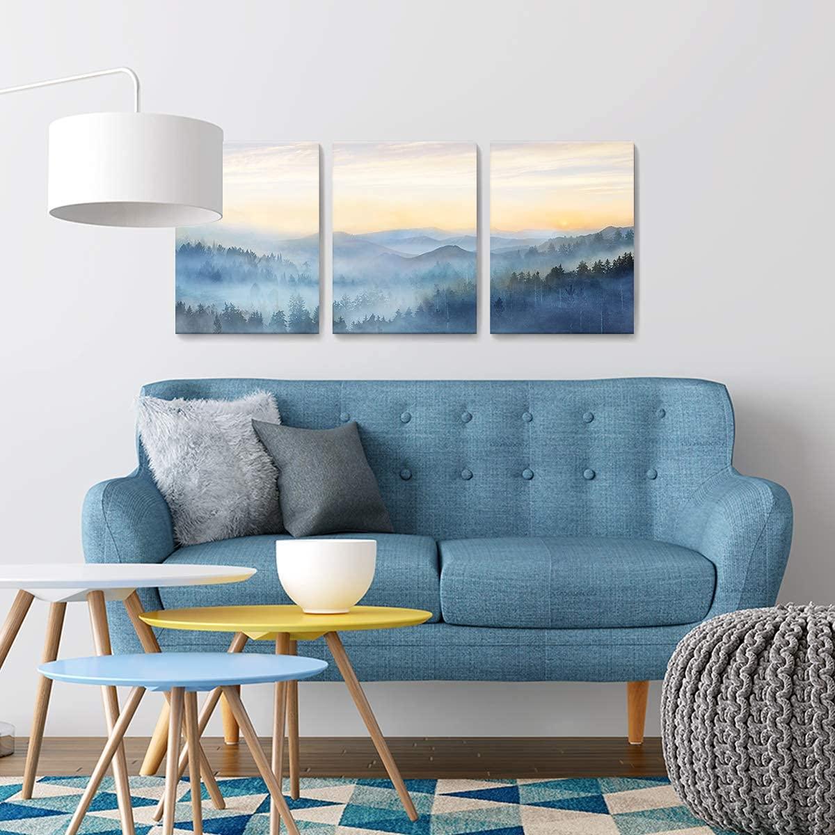 Wall Decor for Bedroom 3 Panel Sunrise Misty Forest Print Picture Paintings Wall Art for Living Room Bathroom Framed Canvas Artwork Modern Room Wall Decorations Size 12x16 x 3 Piece Ready to Hang - Image 2