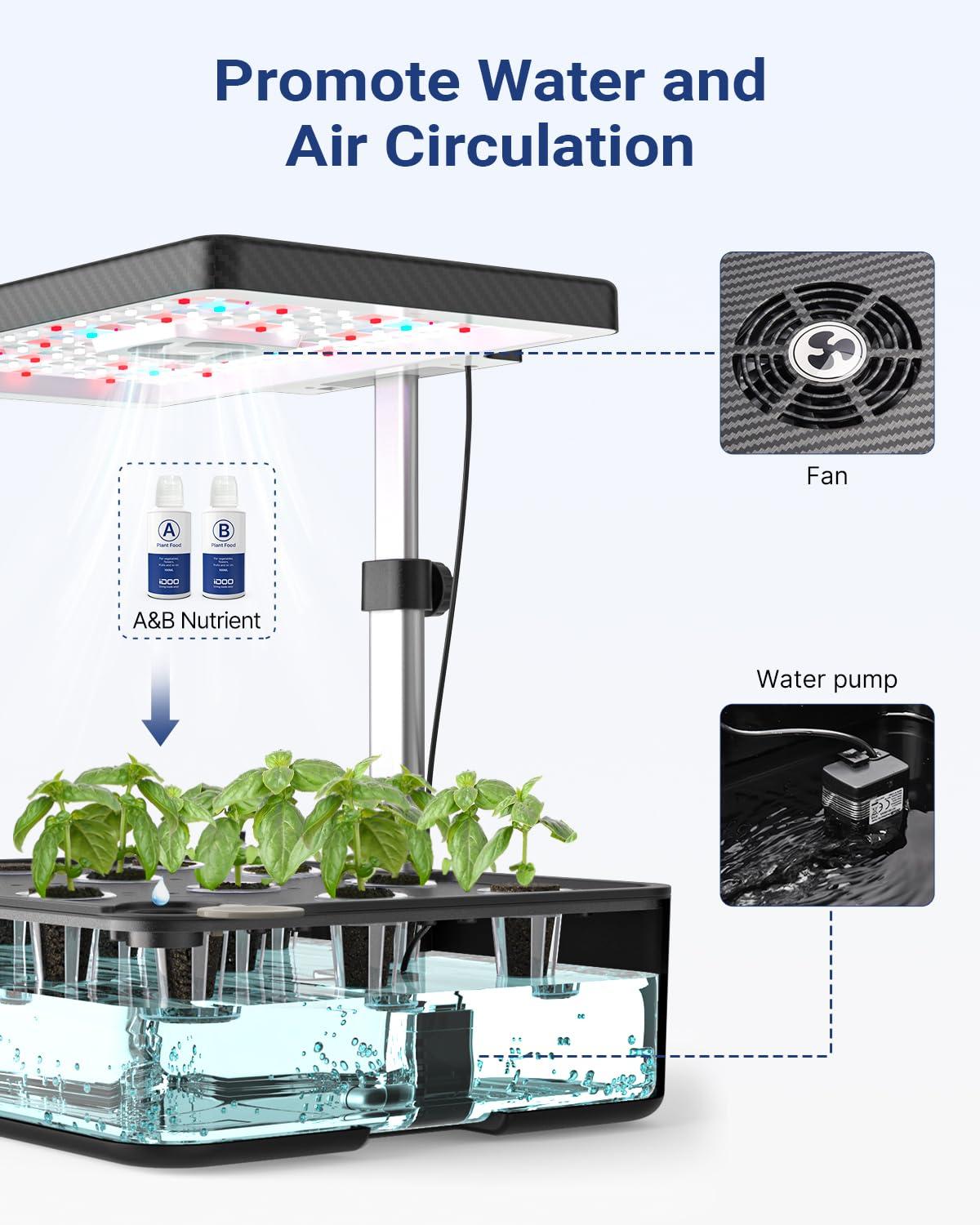 iDOO Hydroponics Growing System Kit 12Pods, Gardening Gifts for Women Mom, Indoor Herb Garden with LED Grow Light, Built-in Fan, Auto-Timer, Adjustable Height Up to 11.3", 12Pods-Black - Image 8
