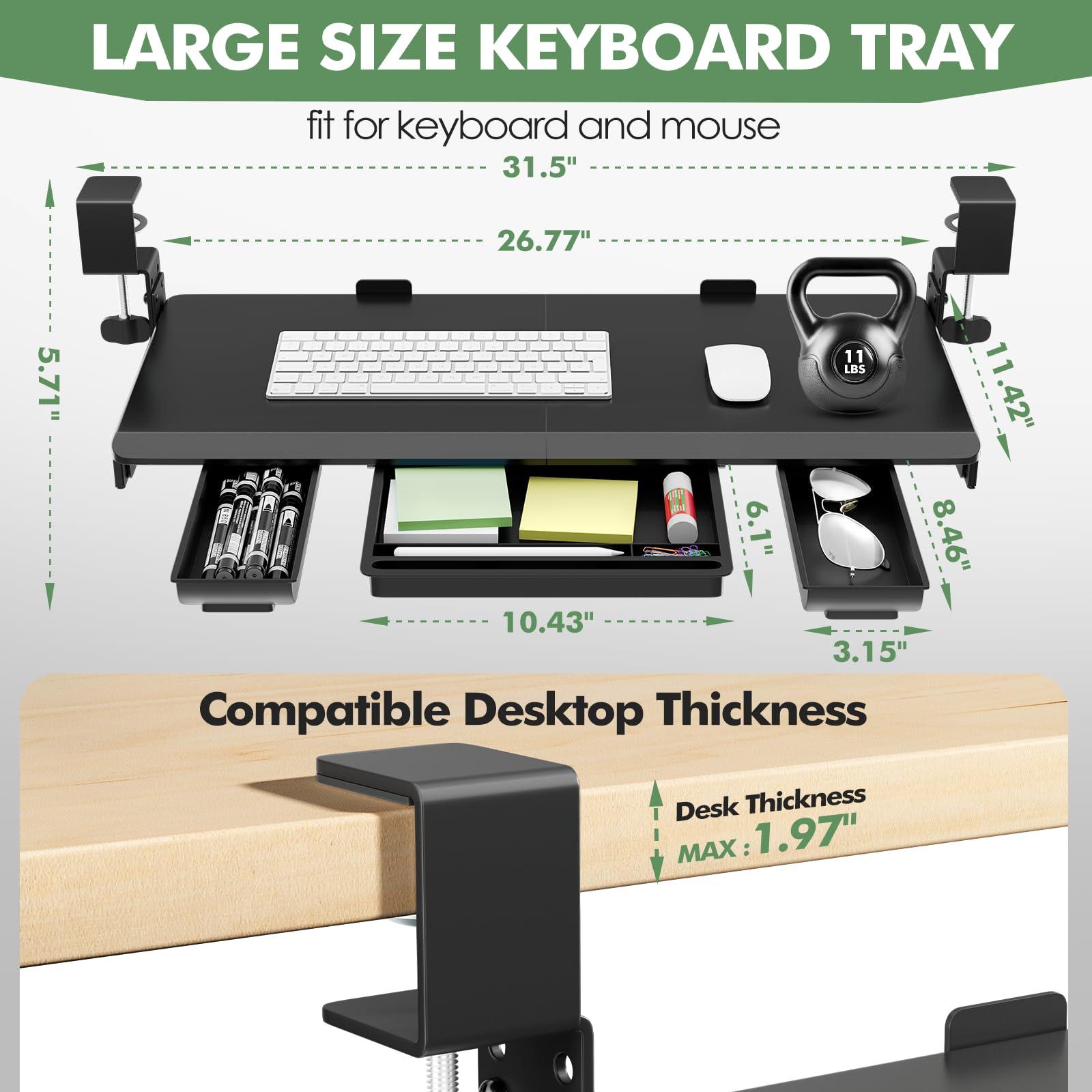 Height Adjustable Keyboard Tray Under Desk Slide Out, 27(33 Including Clamps)*11 Inch, Ergonomic Keyboard & Mouse Drawer Extender Holder, Sturdy C-Clamp Mount, for Home, Office, Black - Image 2