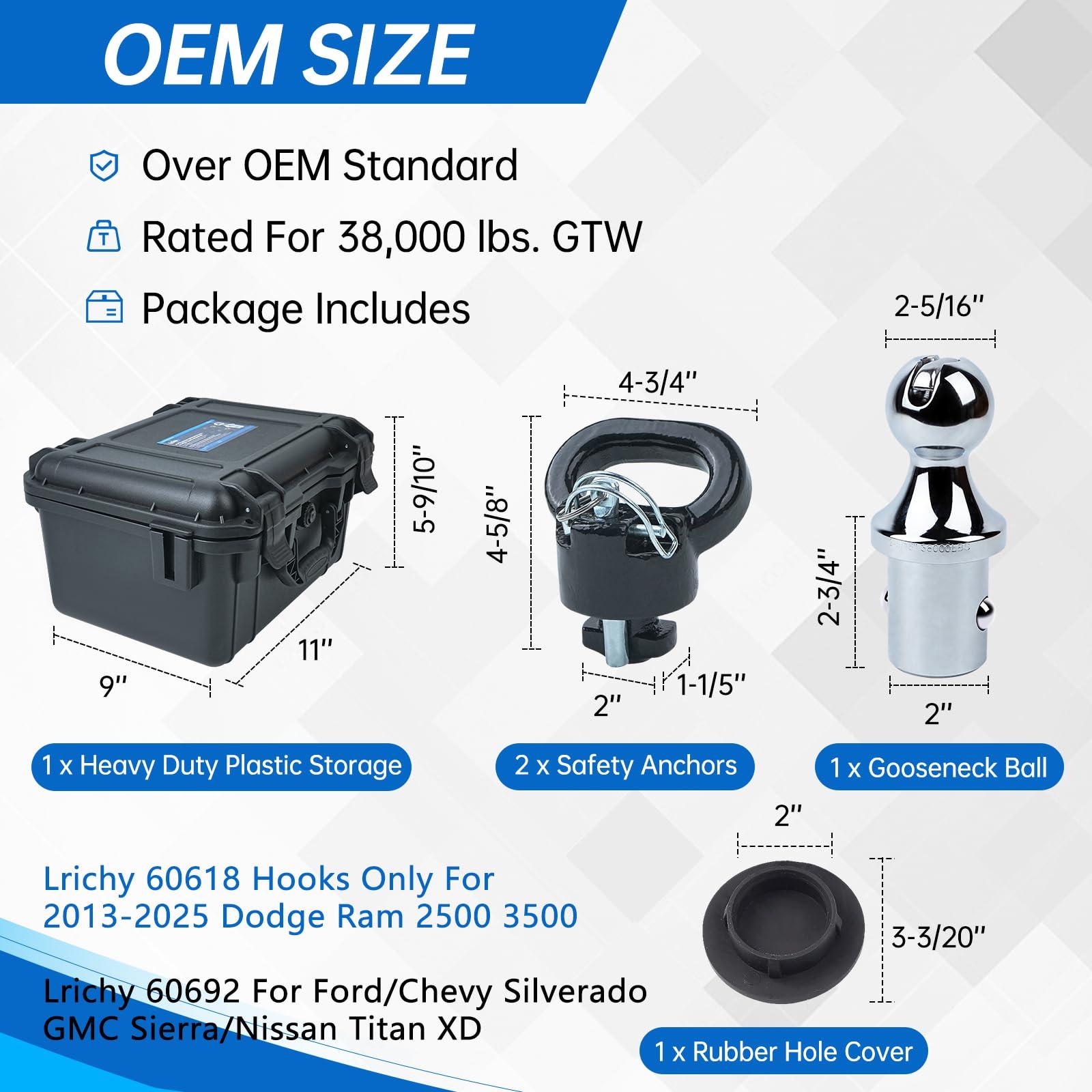 Lrichy 60618 Upgraded 38k Puck System Gooseneck Hitch Ball Kit with Case for 2013-2025 Dodge Ram 2500 3500, 2-5/16 in Hitch Ball for Truck Bed with 2 Gooseneck Safety Chain Anchors - Image 2