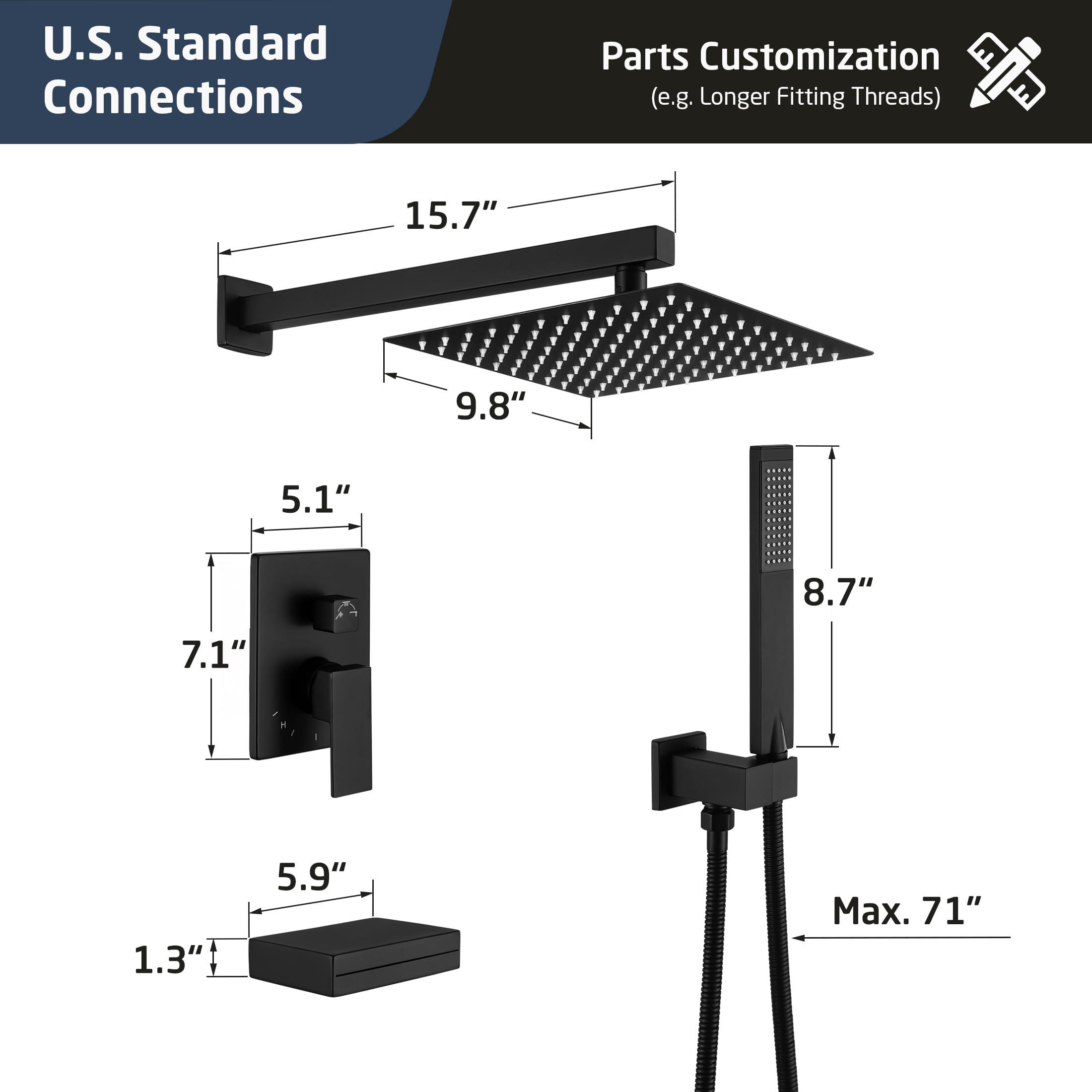 KES Shower System with Tub Spout, Matte Black Shower Faucet Set Complete 10 Inch Rain Shower Head with Handheld Spray and Waterfall Bathtub, cUPC Pressure Balance Shower Valve Trim Kit, XB6305F18-BK - Image 2