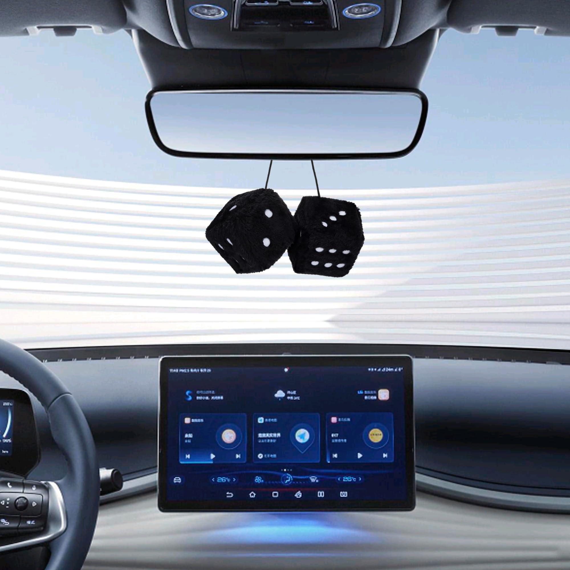 Couslcd Pair Fuzzy Plush Dice for Car Mirror, 2.75'' Retro Square Car Mirror Hanging, Universal Auto Rearview Mirror Ornament, Couple Pendant Charms, Car Accessories for Women (Black) - Image 4