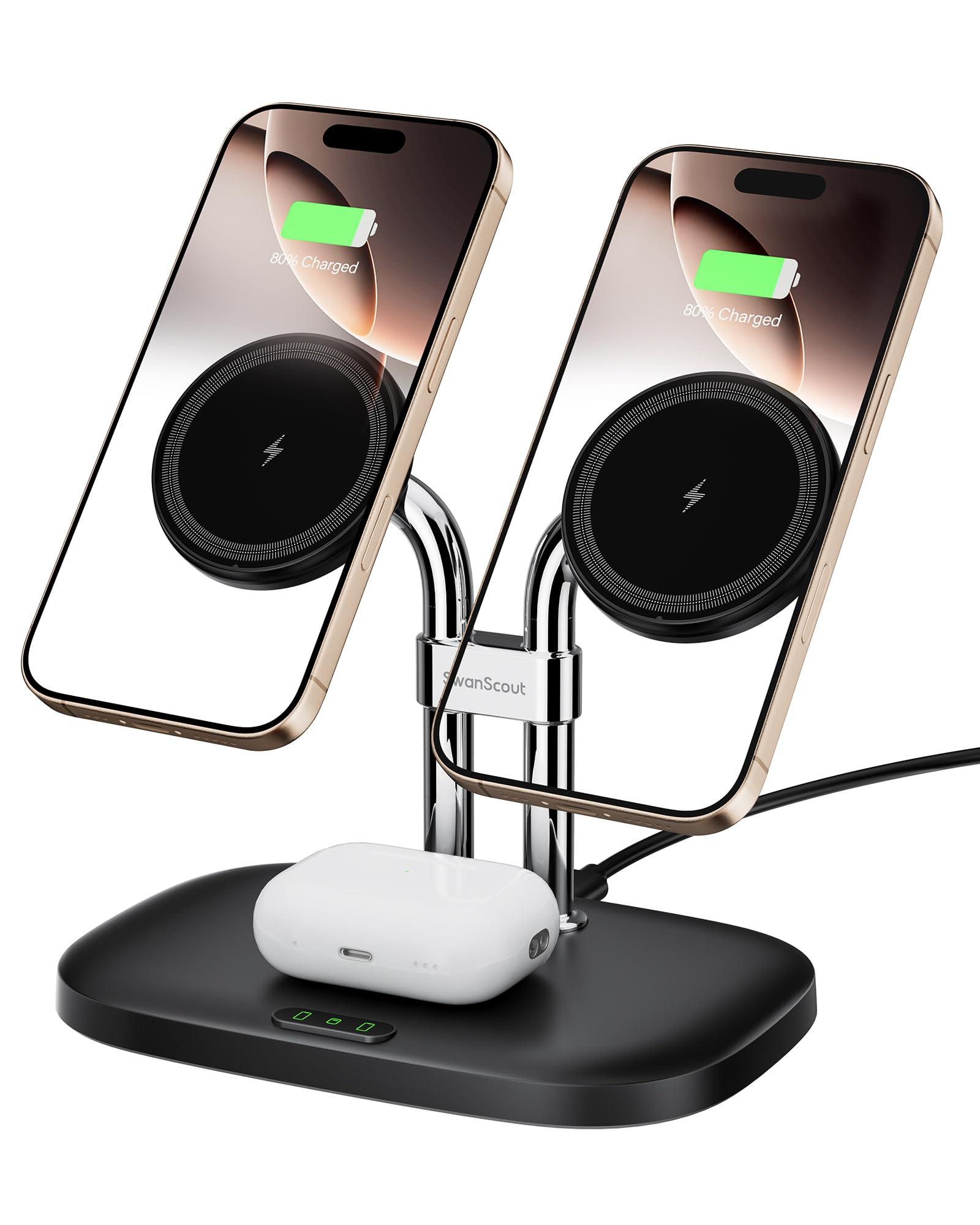 SwanScout Wireless Charger for iPhone 16 15, SwanScout 706M, Dual Magnetic Charger for iPhone 14/13/12 Series, Charging Station for AirPods Pro 2, AirPods 4/3rd (Black) - Image 1