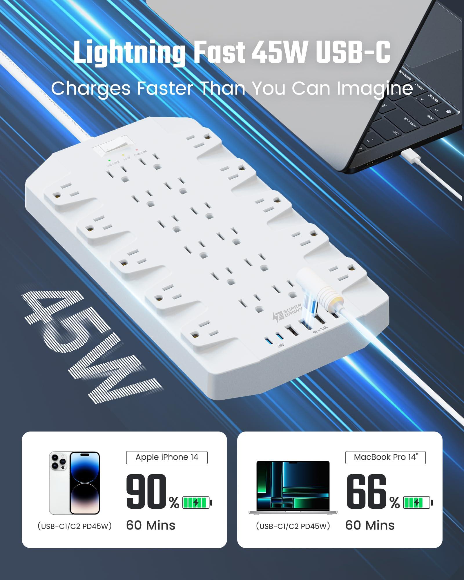 45W Power Strip Surge Protector with PD USB-C, SUPERDANNY 1875W/15A, 2100J, 6.5ft Flat Plug Mountable Extension Cord with 22 Outlet+6 USB Port, Fast Charging for Home,Office,Dorm,Gaming,PC,Streaming - Image 3