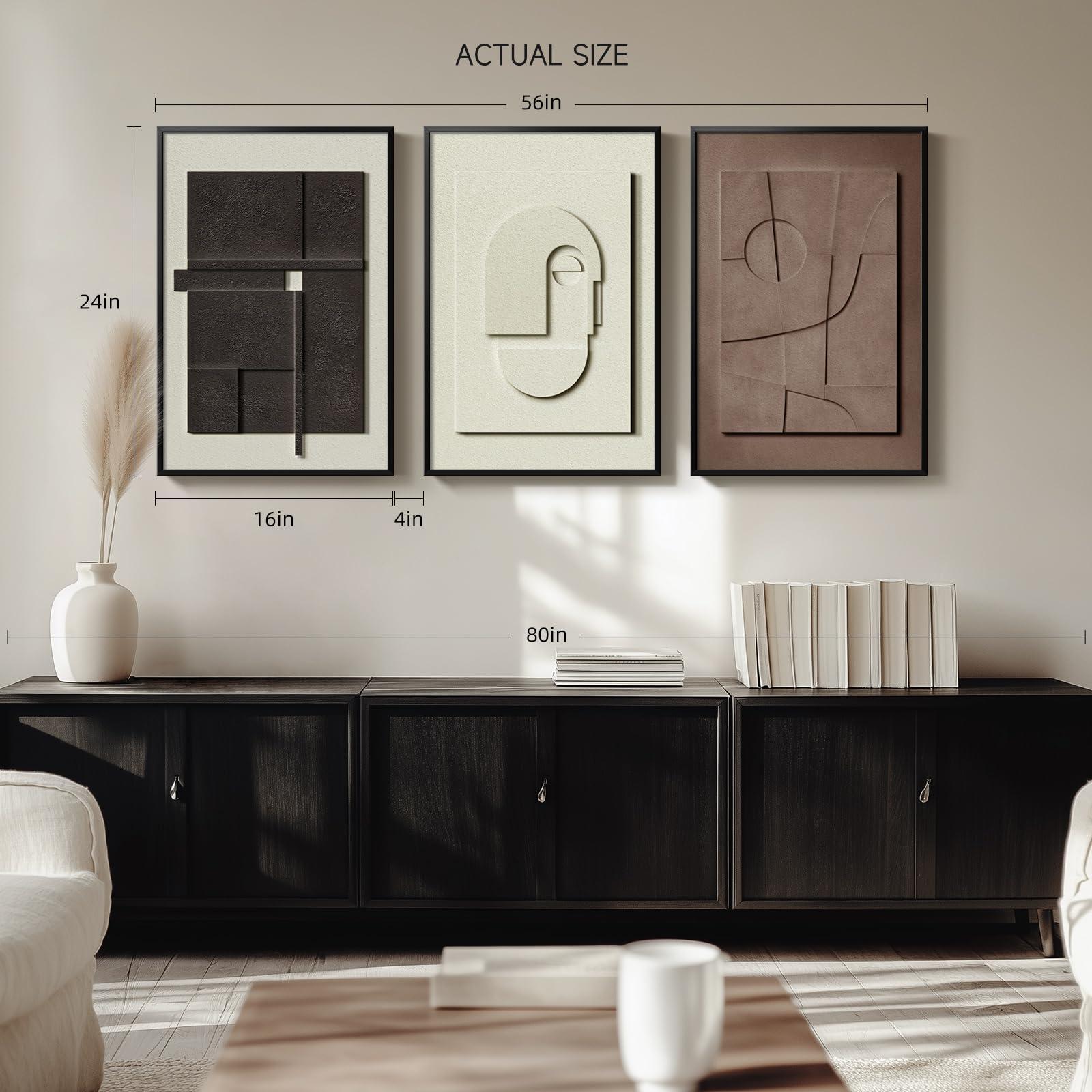 3D Textured Framed Abstract Wall Art, 3 Piece Modern Paintings Artwork for Walls, Black White Brown Geometric Sandstone Texture Pictures for Living Room Dining Room Bedroom Office Wall Decor 16x24 In - Image 4