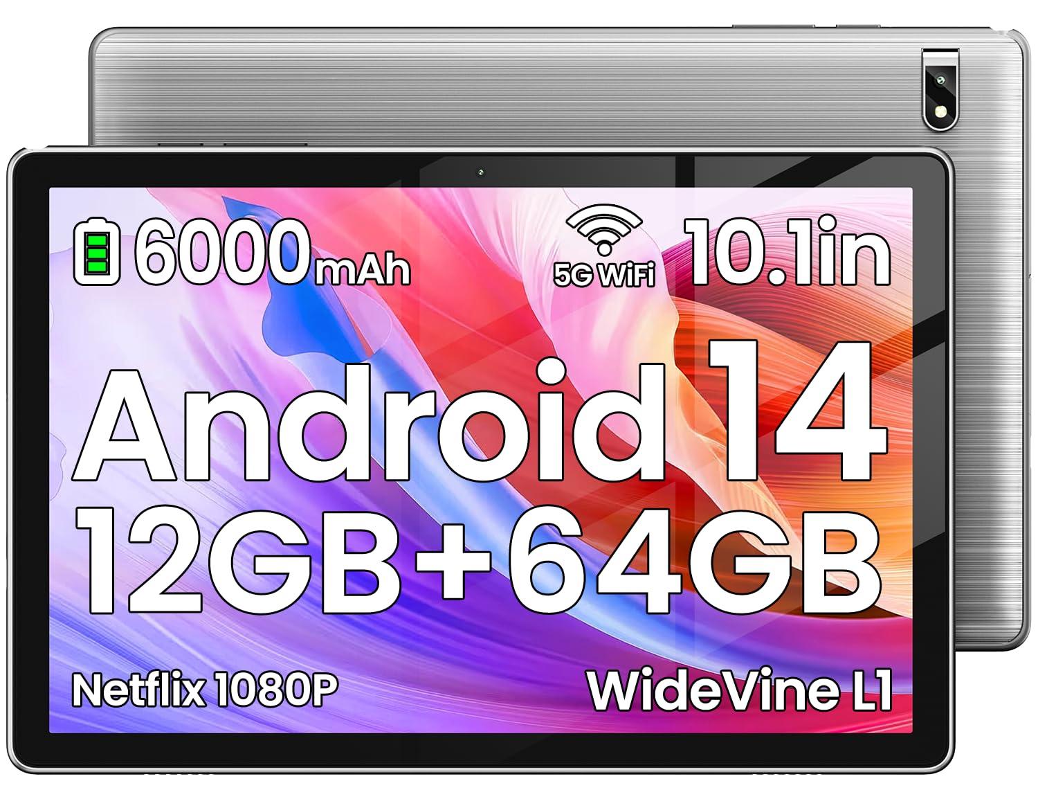 2025 Android 14 Octa-Core 10.2 inch Tablet, 12GB RAM + 64GB ROM, 1TB Expand, 6000mAh Battery, 2.4G+5G Wi-Fi 6, 2MP+8MP Dual Camera, Bluetooth, 1280x800 FHD IPS Display (Gray)