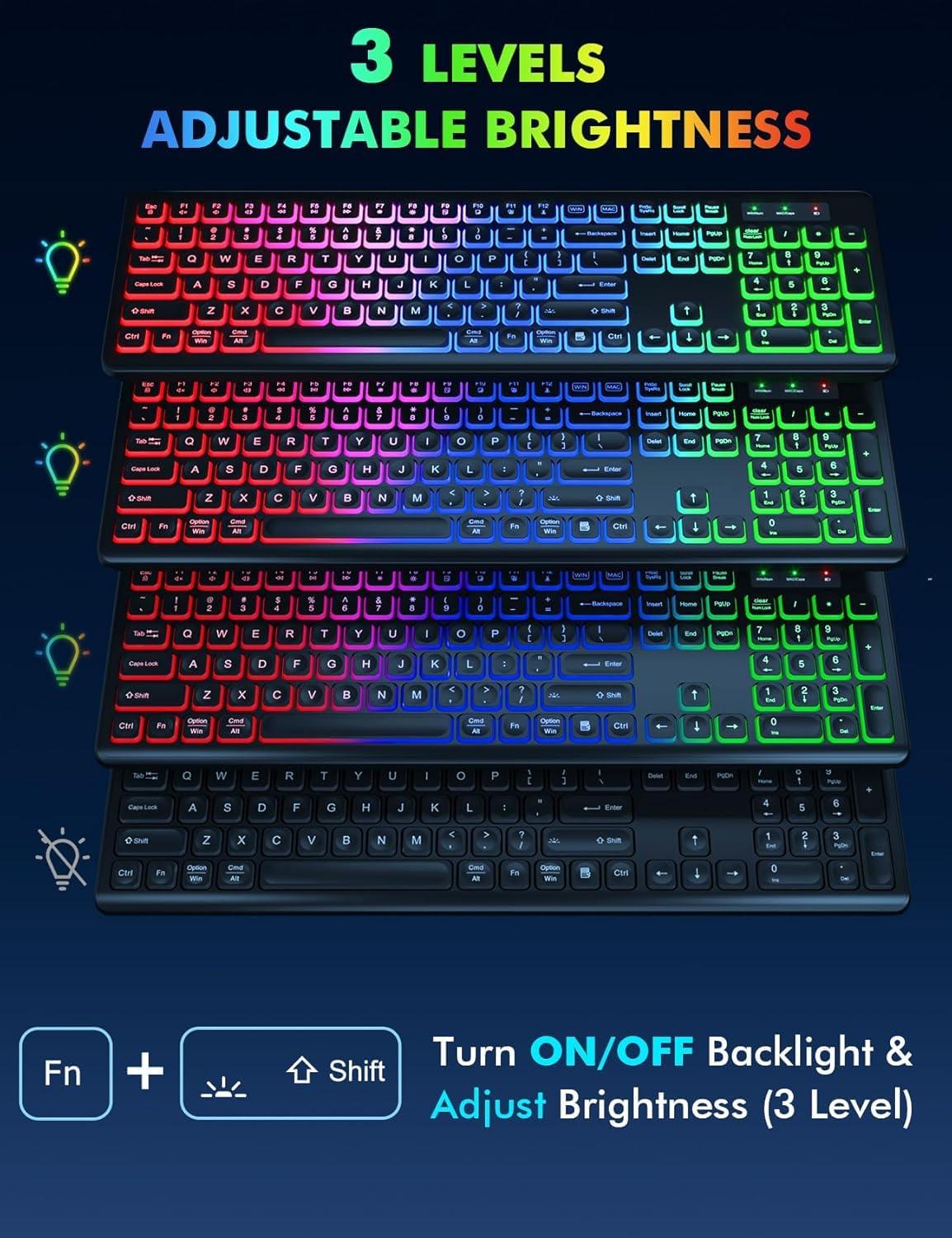 Wireless Keyboard and Mouse Combo - RGB Backlit, Rechargeable & Light Up Letters, Full-Size, Ergonomic Tilt Angle, Sleep Mode, 2.4GHz Quiet Keyboard Mouse for Mac, Windows, Laptop, PC - Image 2