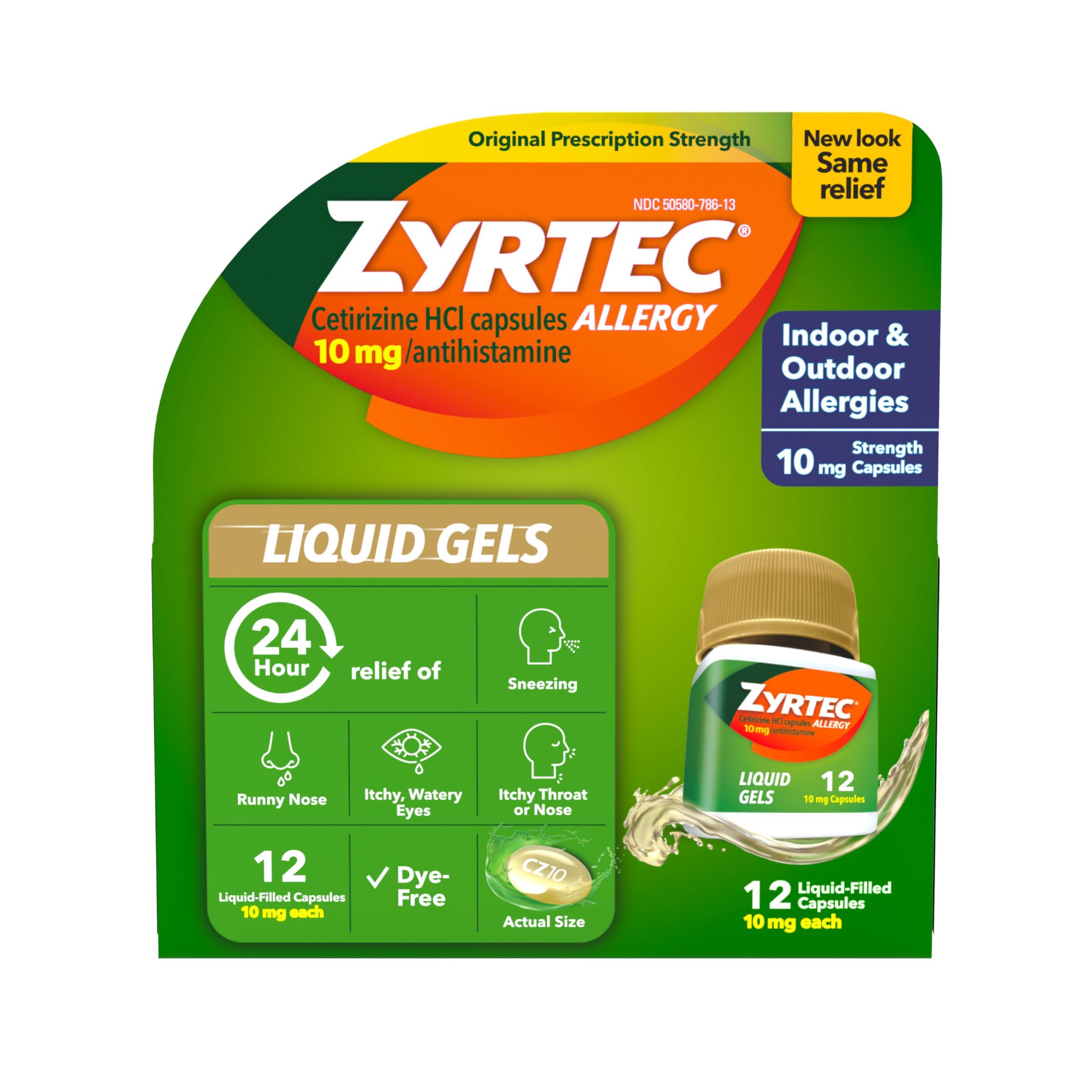 Zyrtec 24 Hour Allergy Relief Liquid Gels, Antihistamine Capsules with Cetirizine HCl Allergy Medicine for All-Day Relief from Runny Nose, Sneezing, Itchy Eyes & More, 12 Count