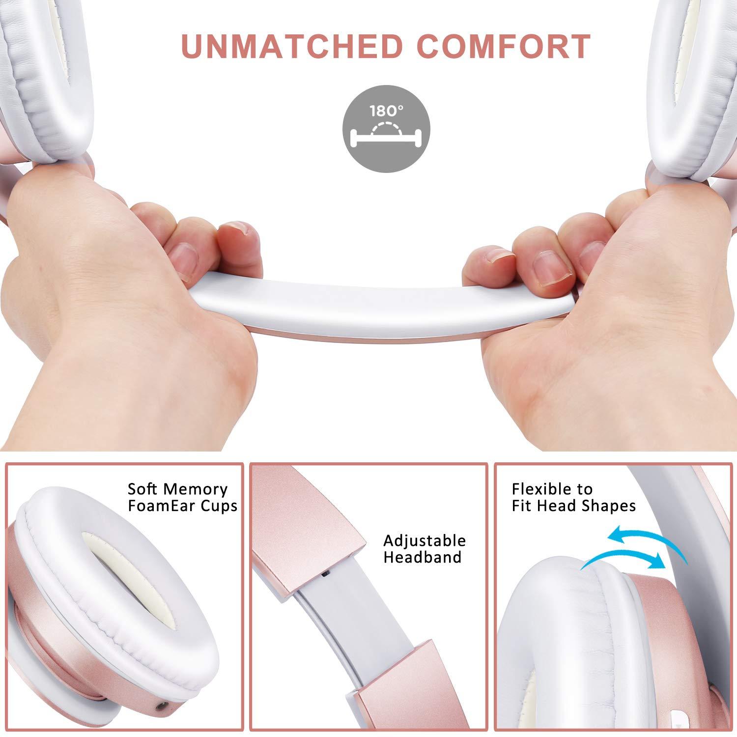 ZIHNIC Bluetooth Headphones Over-Ear, Foldable Wireless and Wired Stereo Headset Micro SD/TF, FM for Cell Phone,PC,Soft Earmuffs &Light Weight for Prolonged Wearing(Rose Gold) - Image 4