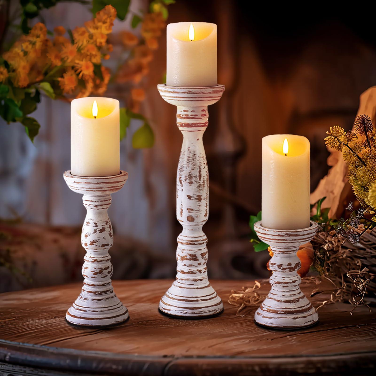 Homemory Farmhouse Wood Candle Holders for Pillar Candles Set of 3, Rustic Candle Holders for Table Centerpiece, 13" 9" 6" Vintage Tall Candle Stand Decorative for Dining Fireplace Living Room (White) - Image 9