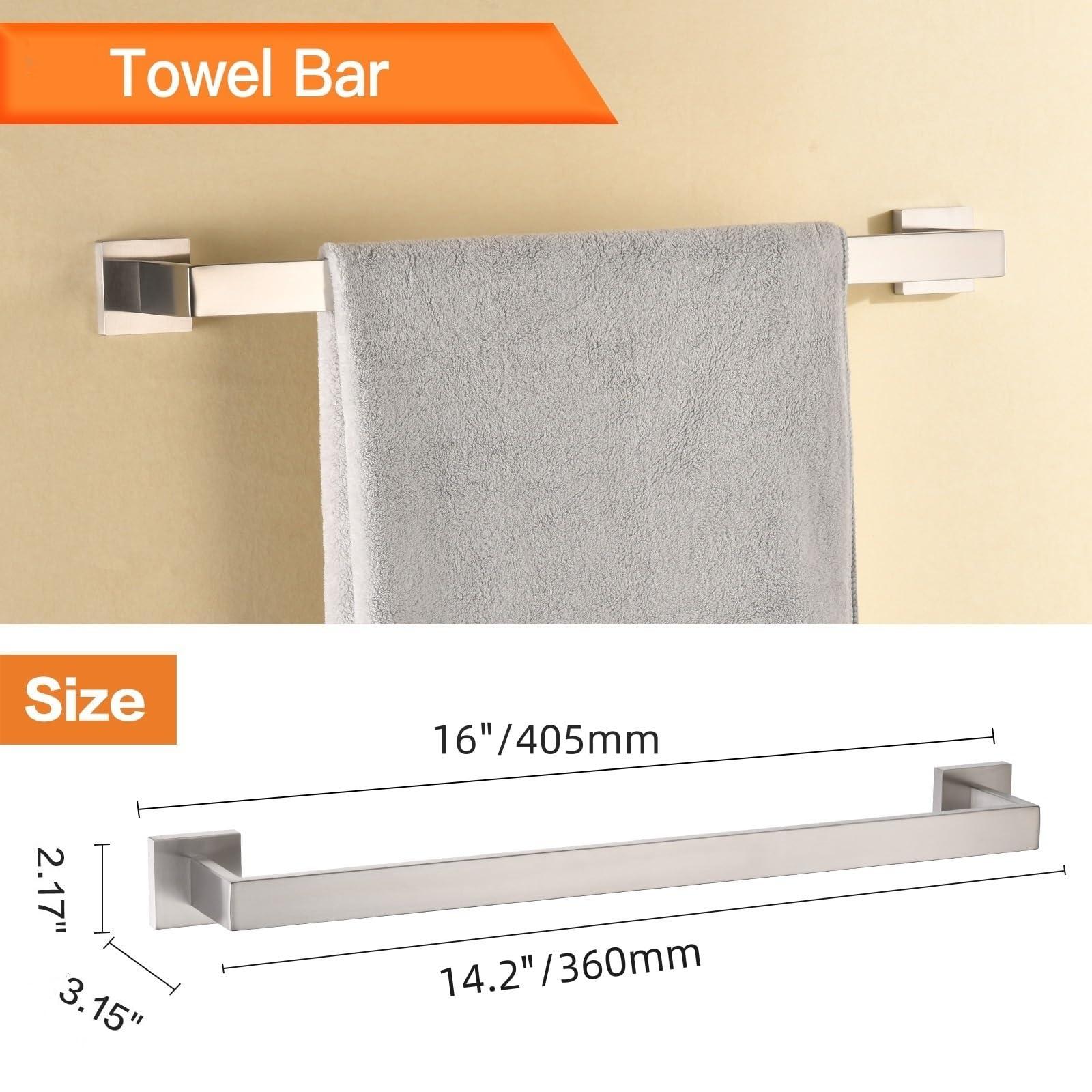 Taucent Bath Towel Bar Set 5 Pieces Brushed Nickel,Modern Bathroom Hardware Accessories Set Wall Mounted Include 16-InchTowel Rod,Towel Rack,Toilet Paper Holder with Shelf,2 Robe Hook - Image 5