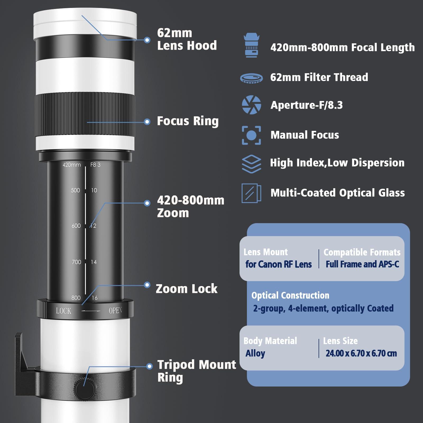 Lightdow RF 420-800mm F8.3 Telephoto Zoom Lens - MF for Canon EOS R6 Mark II/R5 Mark II/R5/R3/R7/R8/R10/RP/R6/R50/R1/R5 C/R50 V/R100/R/Ra - Manual Focus Mirrorless Cameras Lens(RF Mount,White) - Image 3