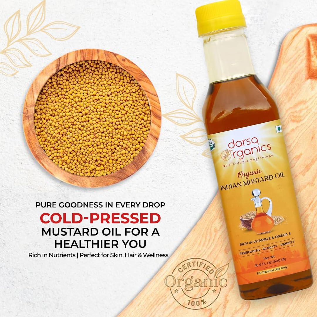 Darsa Organics Cold-Pressed Mustard Oil 16.9 fl oz – USDA Organic, Unrefined & Chemical-Free – Rich in Vitamin E & Omega-3 – Pure Mustard Seed Oil for Hair, Skin & Massage (500ml) - Image 4