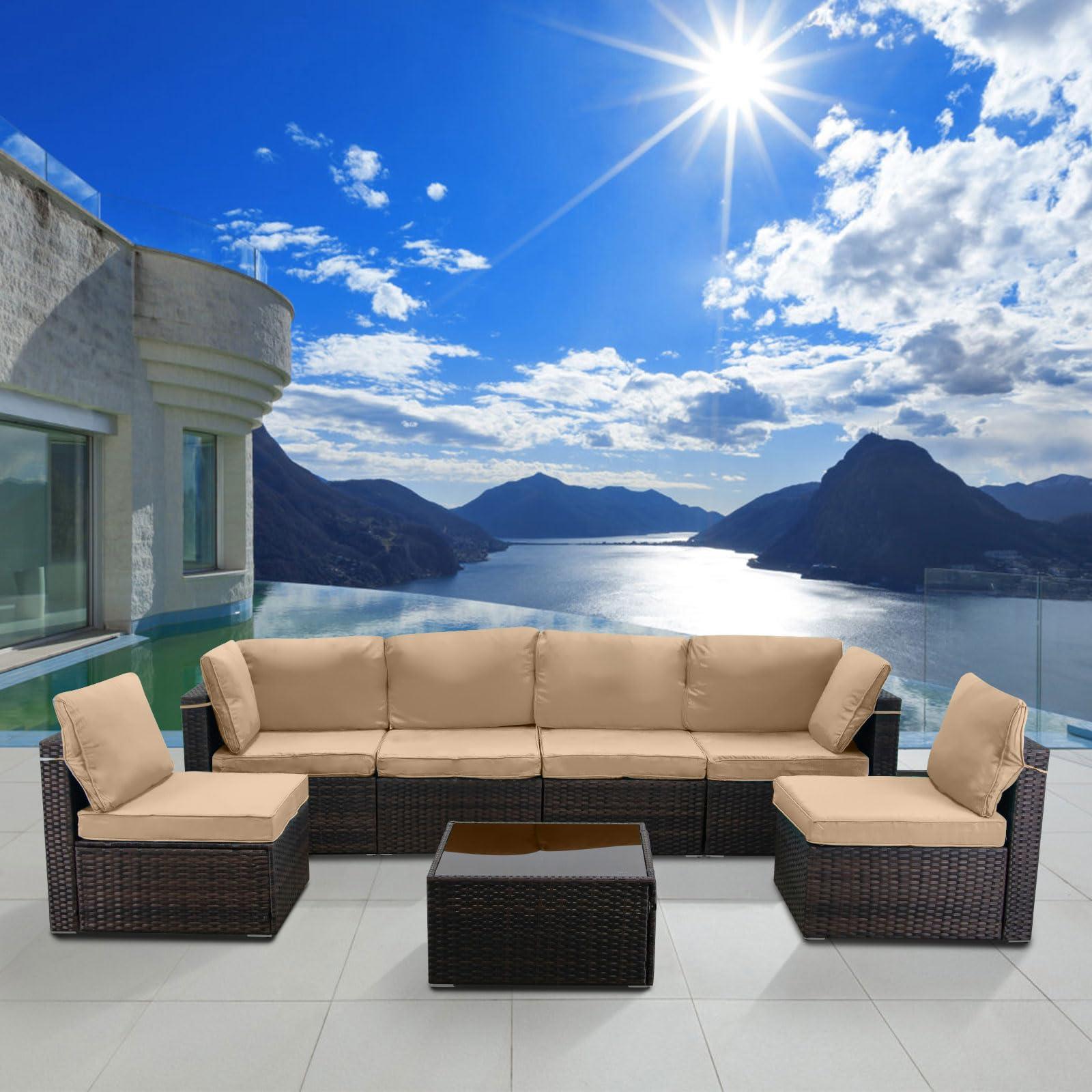 LEVELEVE 7 Pieces Outdoor Patio Furniture Sets,Rattan Conversation Sectional Set,Manual Weaving Wicker Patio Sofa with Tea Table - Image 7