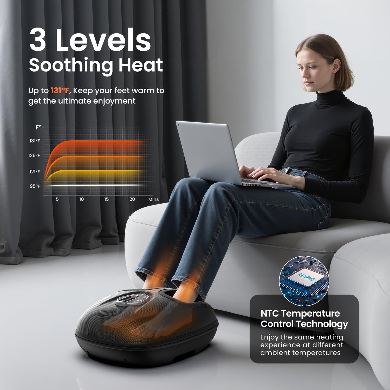 RENPHO Foot Massager Machine with Heat [2025 Upgraded], FSA HSA Eligible, Foot Massager for Plantar Fasciitis, 3 Heat Levels, Birthday Gifts for Women Mom Men Dad, Wireless Control, True Feet Massage - Image 4